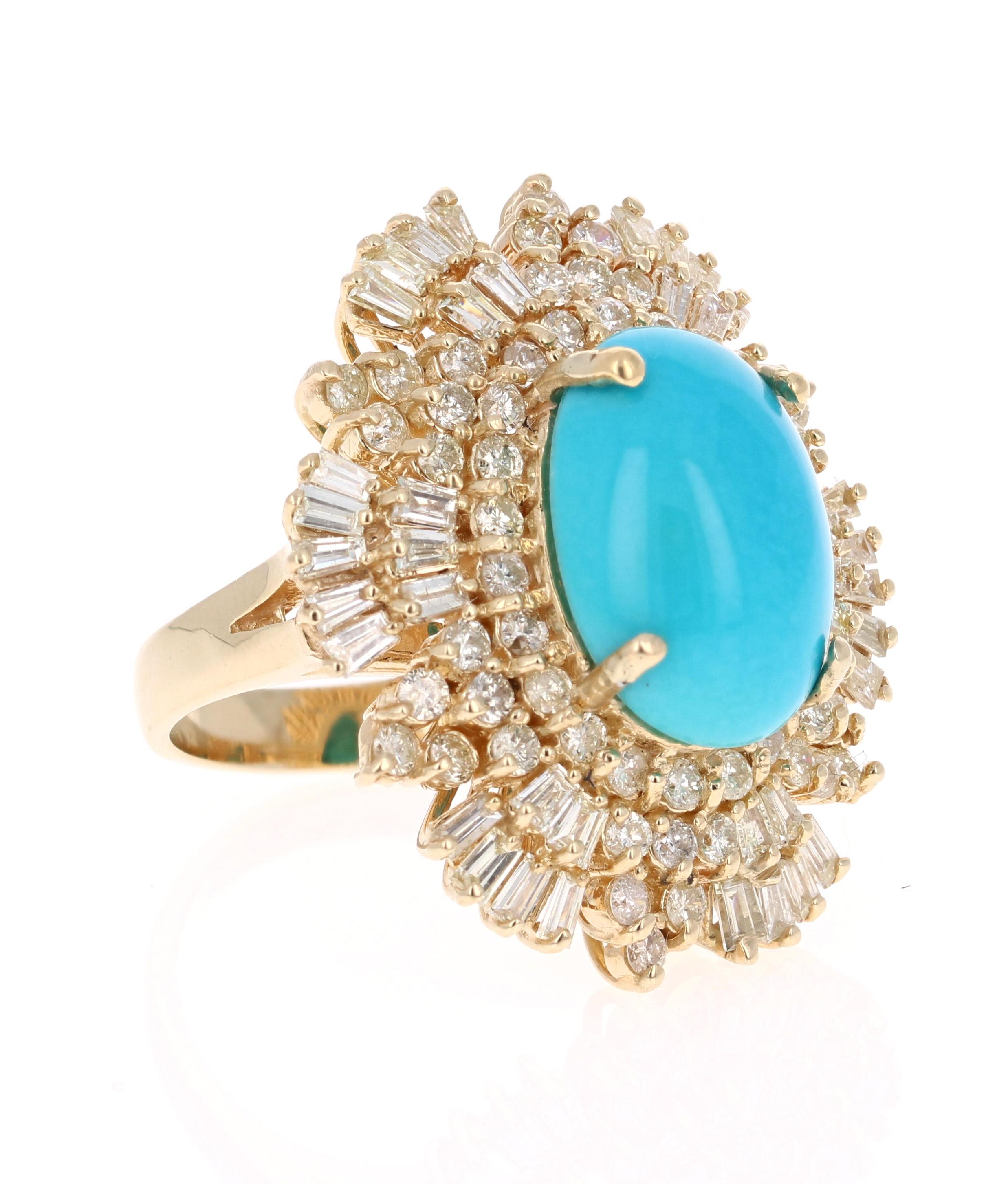 This is an exceptional and unique beauty! 

The Oval Cut Turquoise is 7.67 Carats and is surrounded by a cluster of beautifully set diamonds. There are 58 Round Cut Diamonds that weigh 1.52 Carats and 36 Baguette Cut Diamonds that weigh 1.30 Carats.