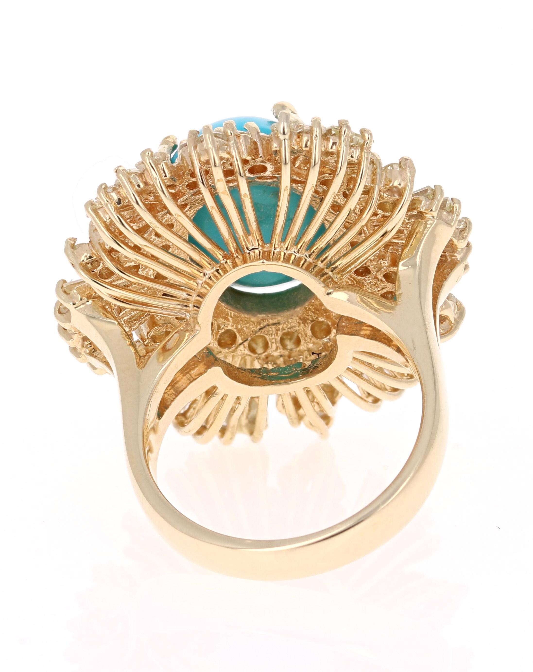 Oval Cut 10.49 Carat Turquoise Diamond 14 Karat Yellow Gold Cocktail Ring For Sale