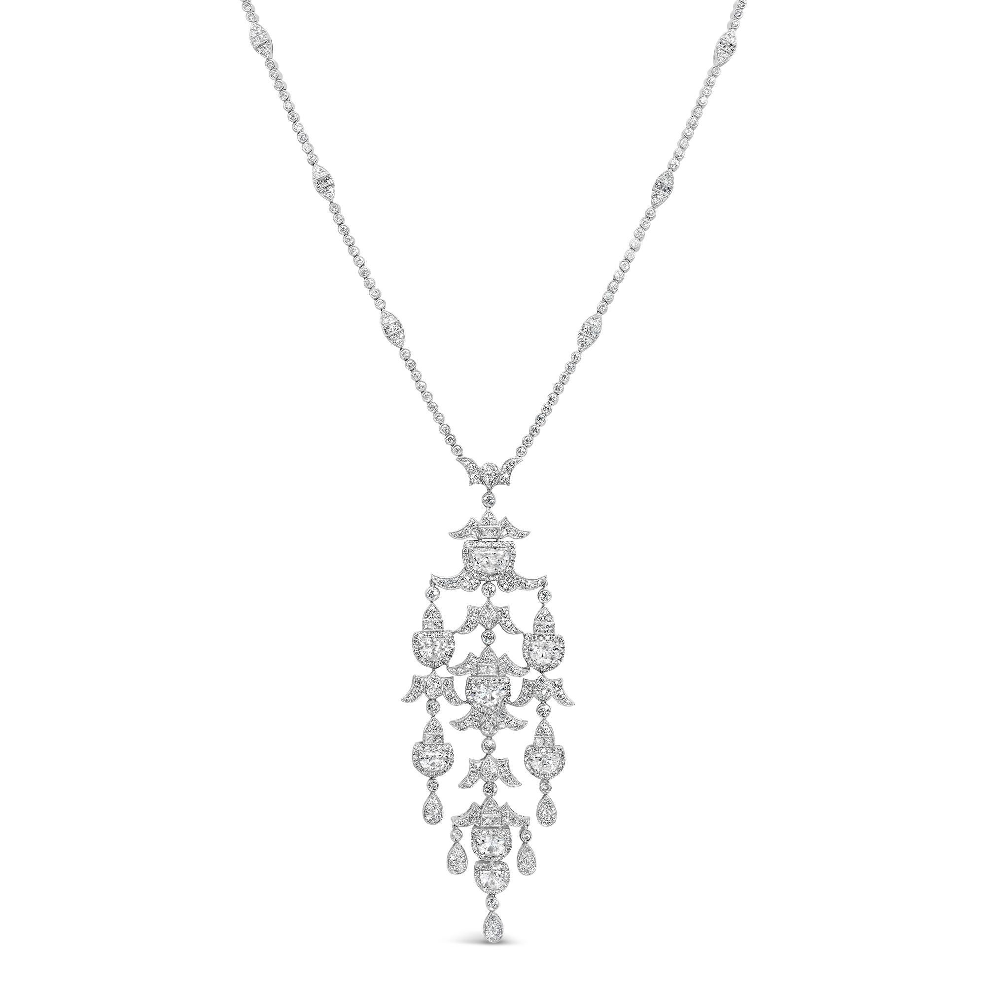 Edoardiano Roman Malakov Diamonds, collana con pendente a lampadario di diamanti a taglio misto da 10,49 carati totali in vendita