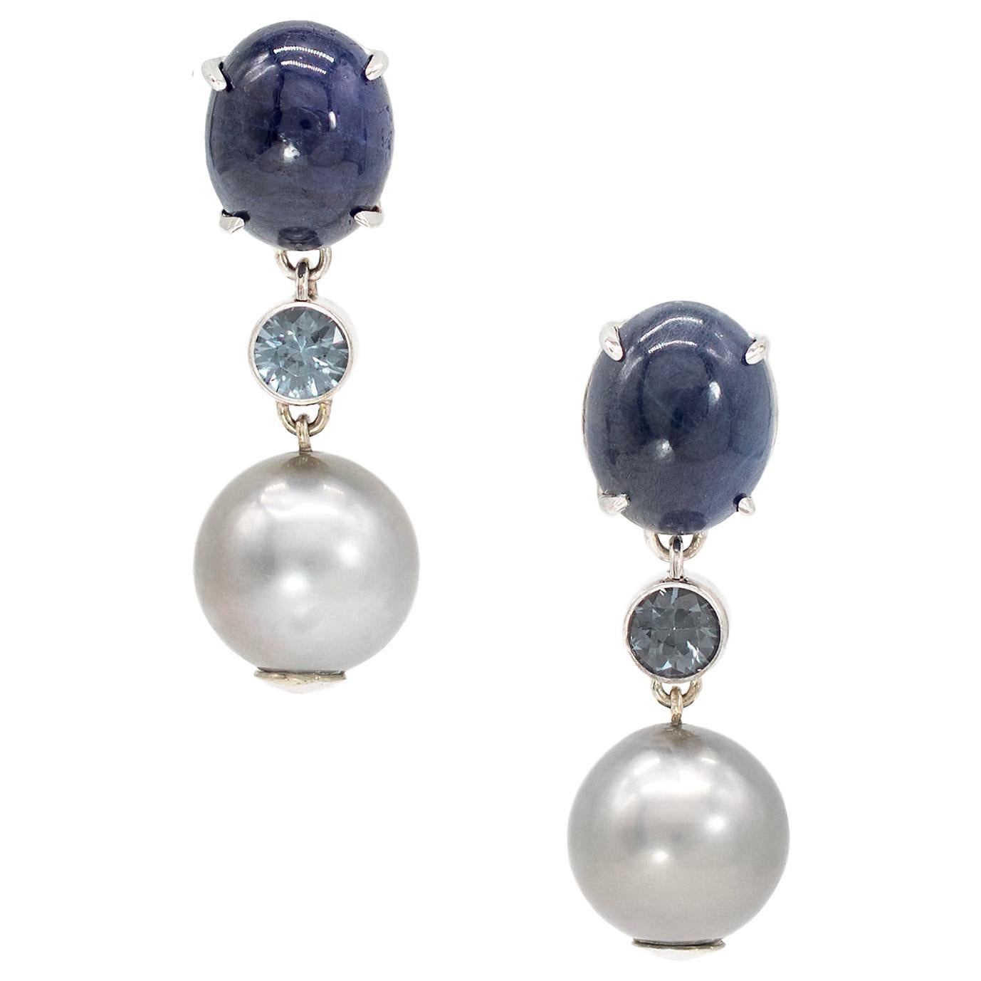 Tahitian Pearl Earrings with 10.75 Carat Sapphire and Spinel