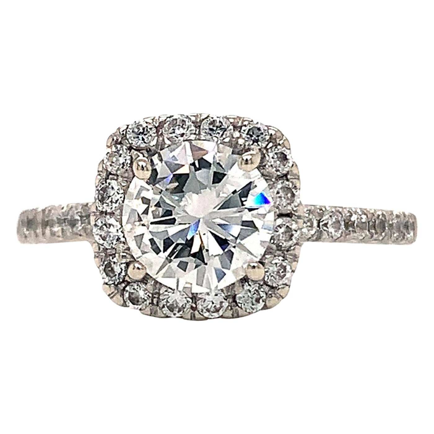 Anello di diamanti aureolato di fidanzamento con taglio brillante rotondo H. H. H. 1,04 ct in oro bianco 14 carati H SI2