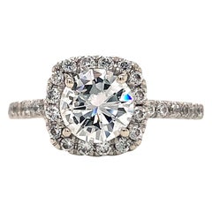 Anello di diamanti aureolato di fidanzamento con taglio brillante rotondo H. H. H. 1,04 ct in oro bianco 14 carati H SI2
