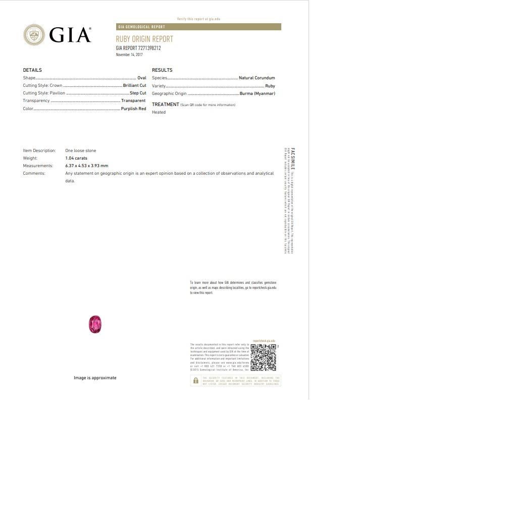 1,04 Karat burmesischer Rubin-Diamant-Platinring, GIA zertifiziert Damen im Angebot