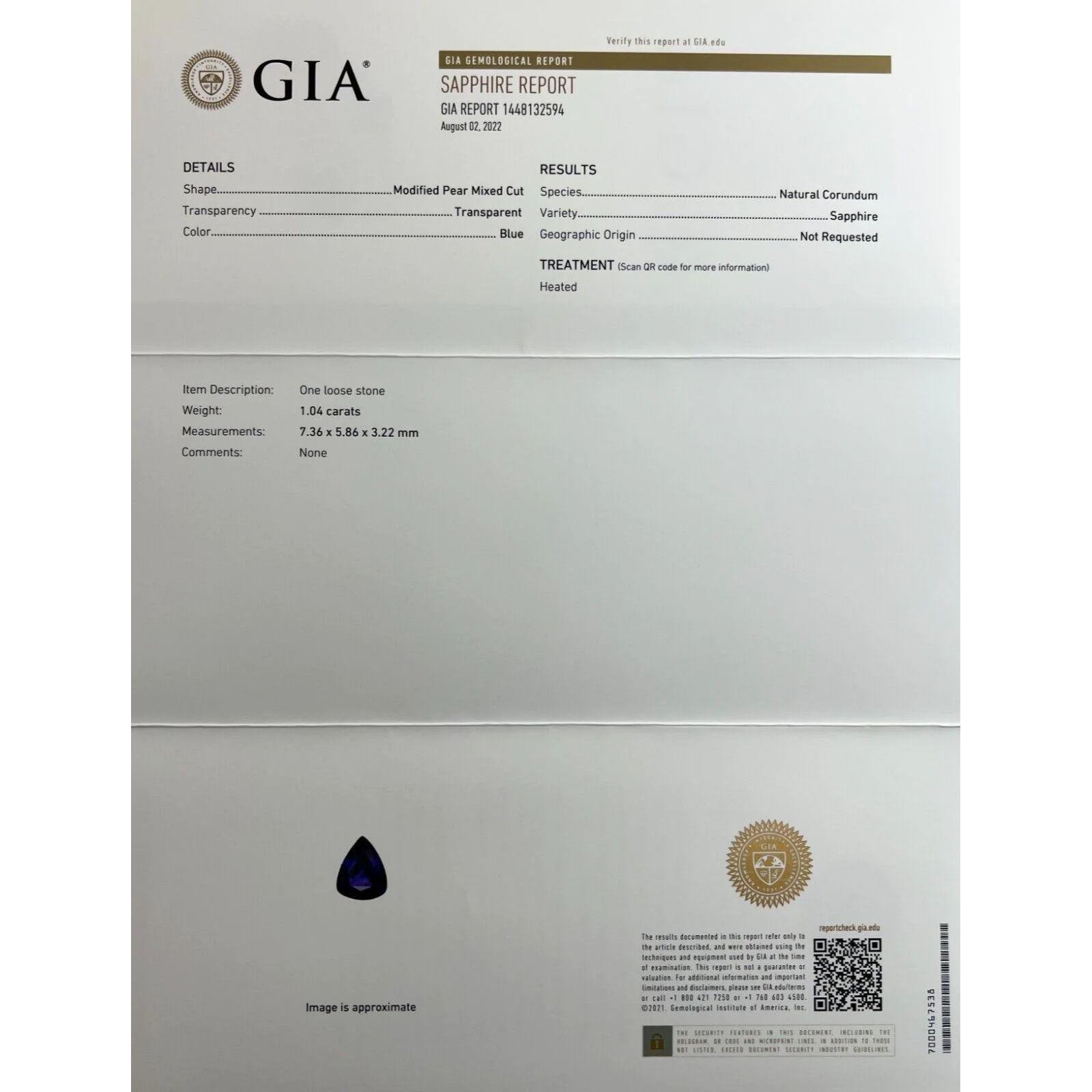 1.04 Carat Deep Blue GIA Certified Untreated Sapphire Pear Cut Rare Gem For Sale 1
