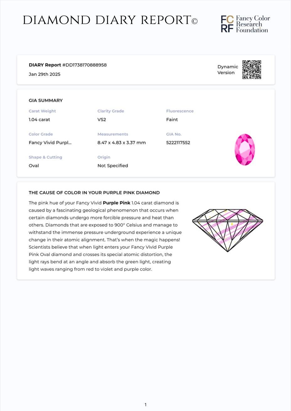 1.04ct Fancy Vivid Purple-Pink Oval Diamond Ring For Sale 5