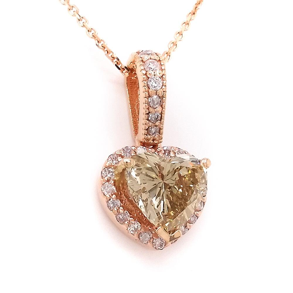 Heart Cut 1.04ct Fancy Yellowish Brown Diamond and 0.18 Light Pink Diamonds Pendant