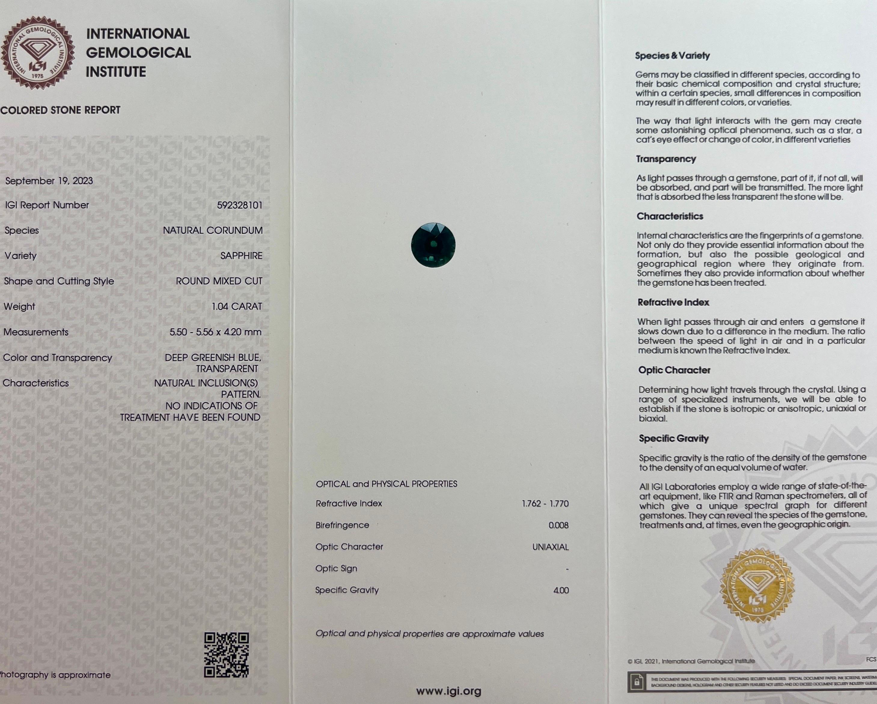 1.04ct IGI Certified Unheated Green Blue Sapphire 18k White Gold Diamond Pendant In New Condition In Birmingham, GB