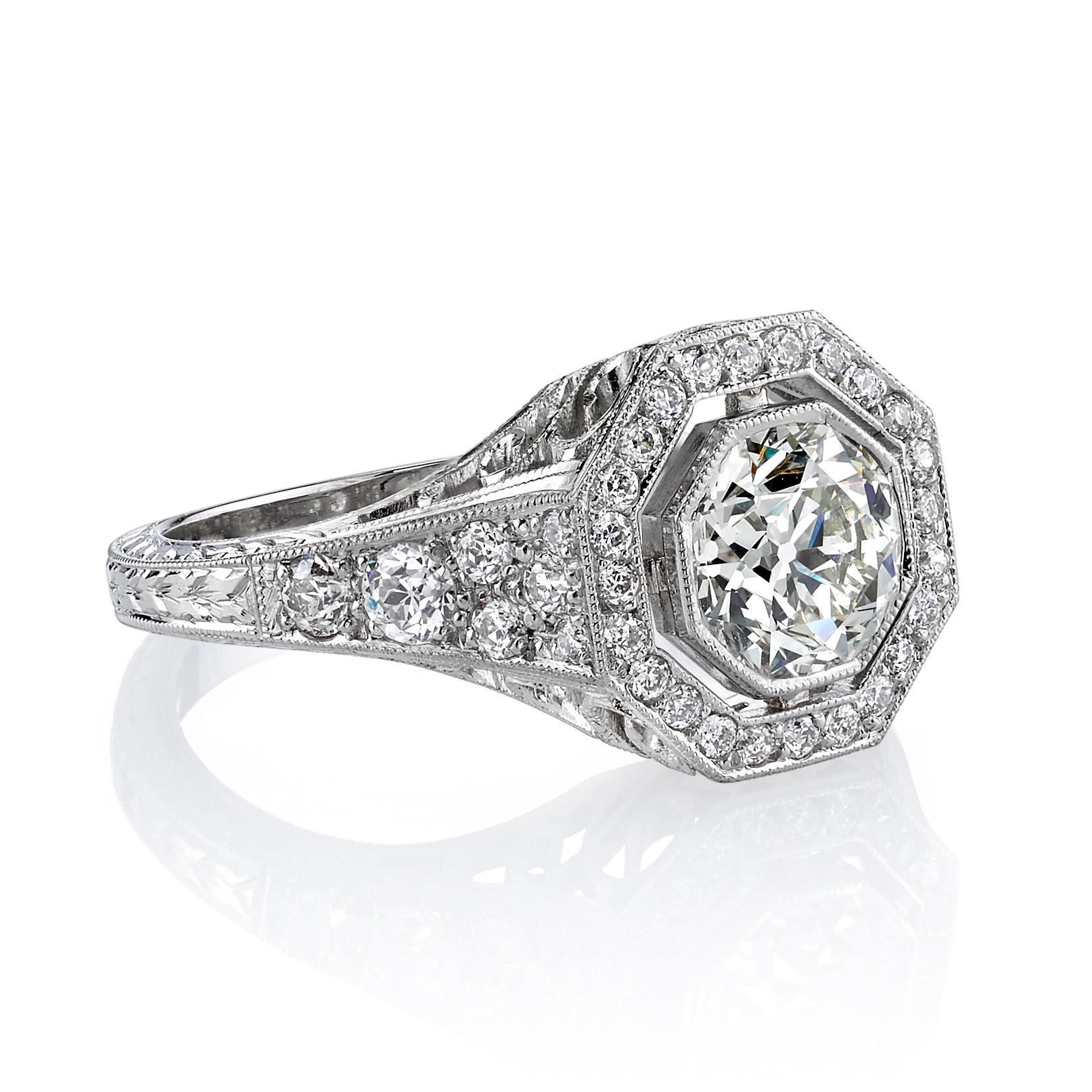 1.04ct H/S1 EGL certified old European cut diamond with 0.46ctw diamond accents set in a handcrafted platinum mounting. Ring is currently a size 6 and can be sized to fit.
