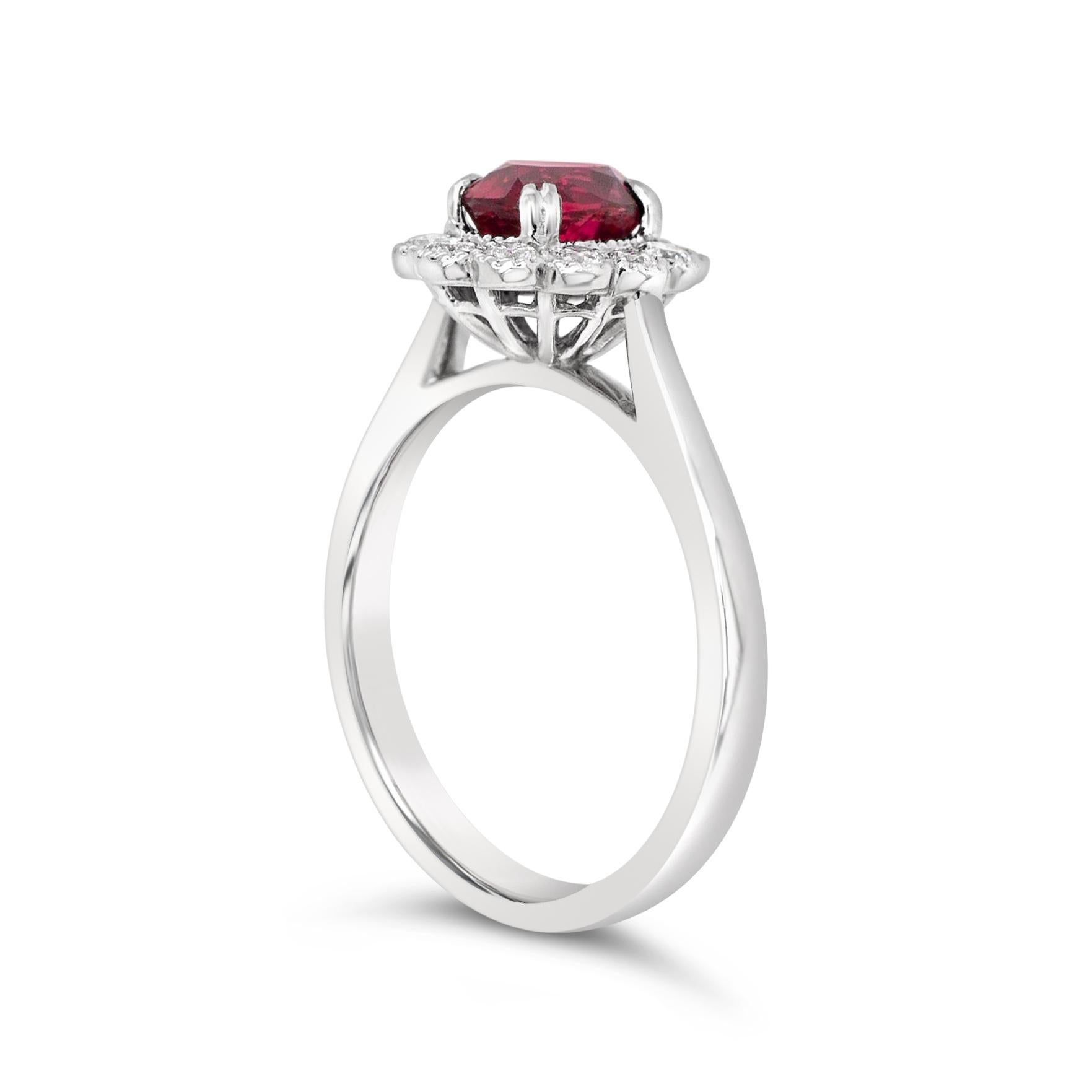 1.04ct Oval Certified Non-Heated Ruby & 0.30ct Diamond Platinum Cluster Ring In New Condition For Sale In Southampton, GB