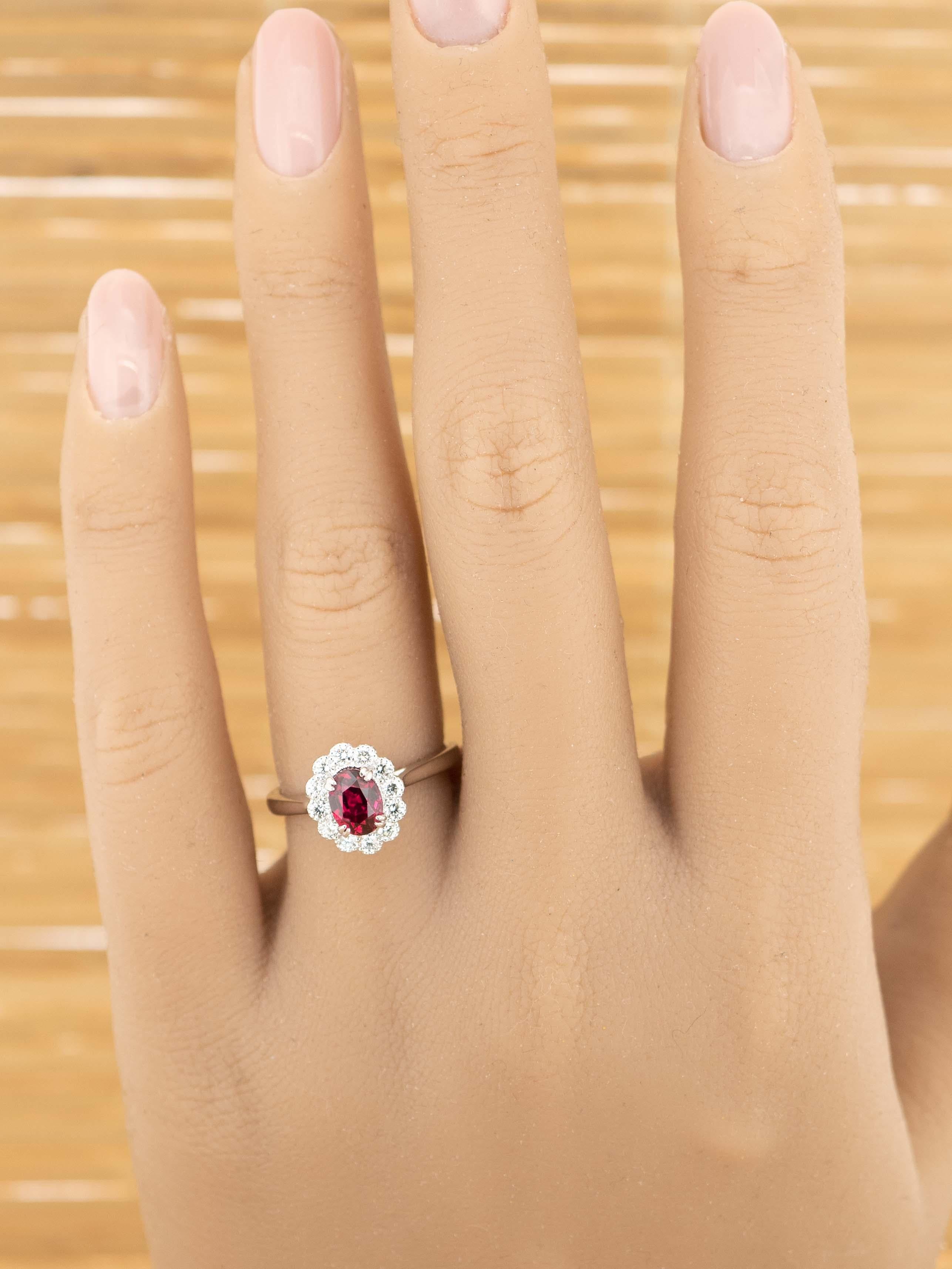 Women's 1.04ct Oval Certified Non-Heated Ruby & 0.30ct Diamond Platinum Cluster Ring For Sale