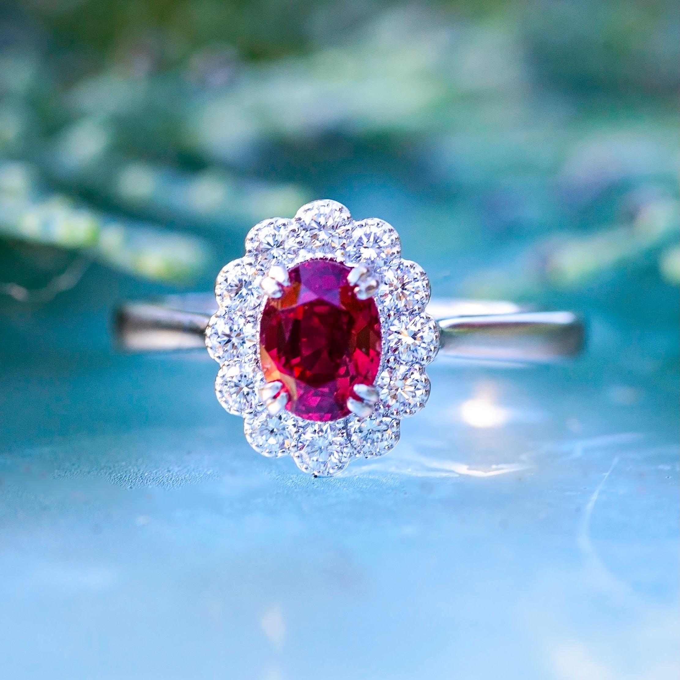 1.04ct Oval Certified Non-Heated Ruby & 0.30ct Diamond Platinum Cluster Ring For Sale