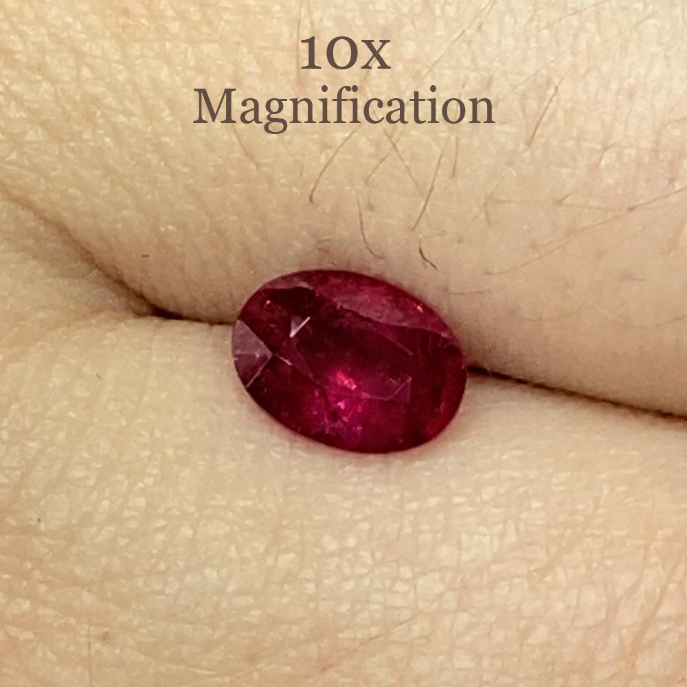 Description:

Gem Type: Ruby
Number of Stones: 1
Weight: 1.04 cts
Measurements: 7.04 x 5.17 x 3.27 mm
Shape: Oval
Cutting Style Crown: Brilliant Cut
Cutting Style Pavilion: Step Cut
Transparency: Transparent
Clarity: Moderately Included: Inclusions