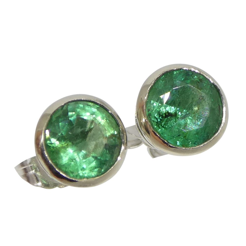 1.04ct Round Green Emerald Stud Earrings set in 14k White Gold For Sale 4