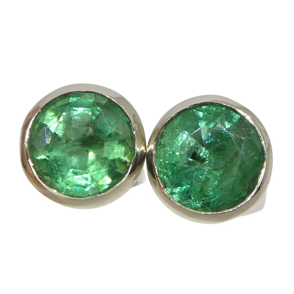1.04ct Round Green Emerald Stud Earrings set in 14k White Gold For Sale 5