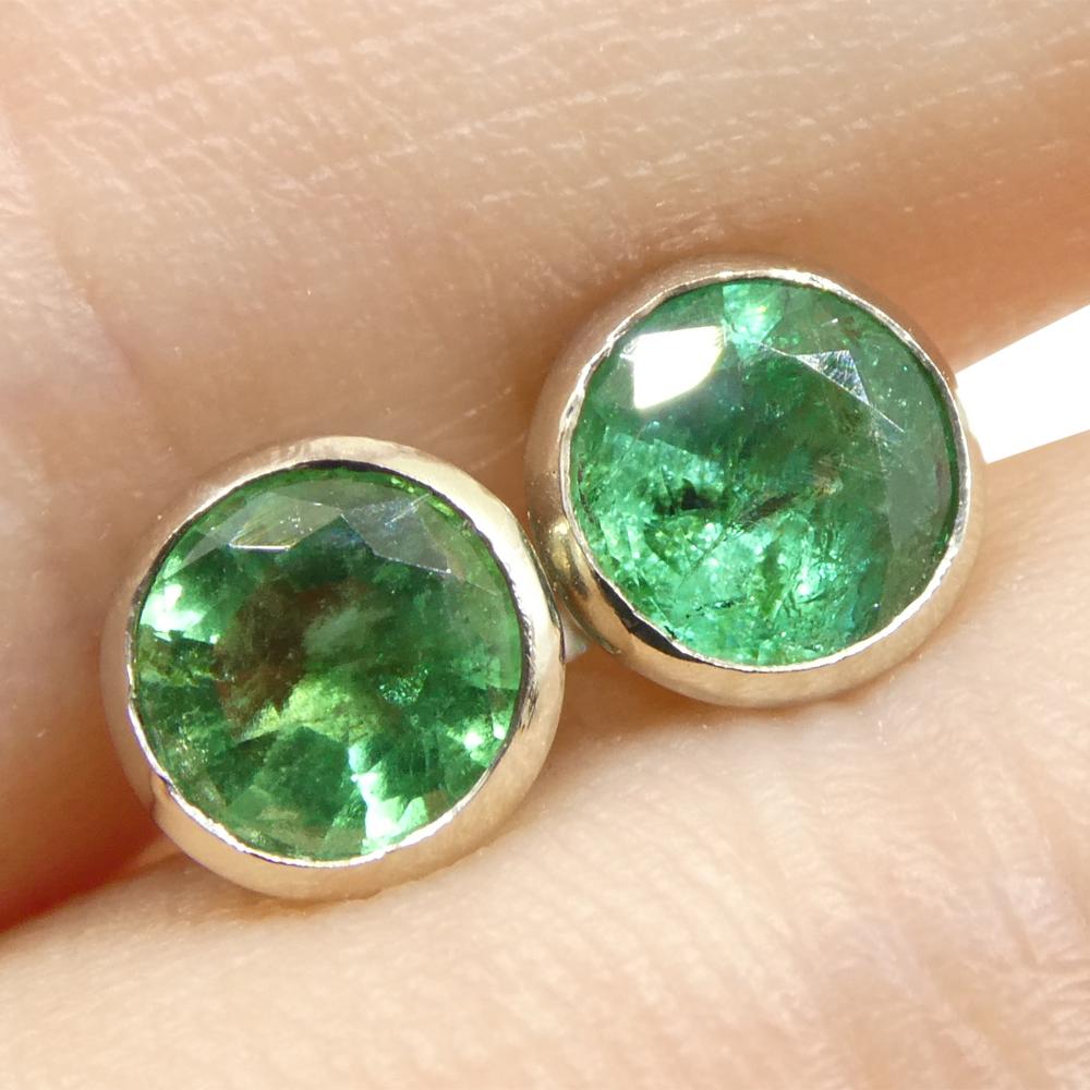 1.04ct Round Green Emerald Stud Earrings set in 14k White Gold For Sale 7