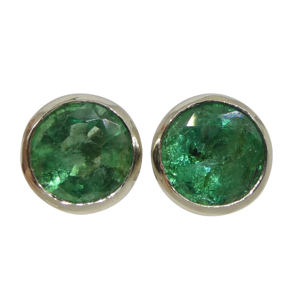 1.04ct Round Green Emerald Stud Earrings set in 14k White Gold For Sale 1
