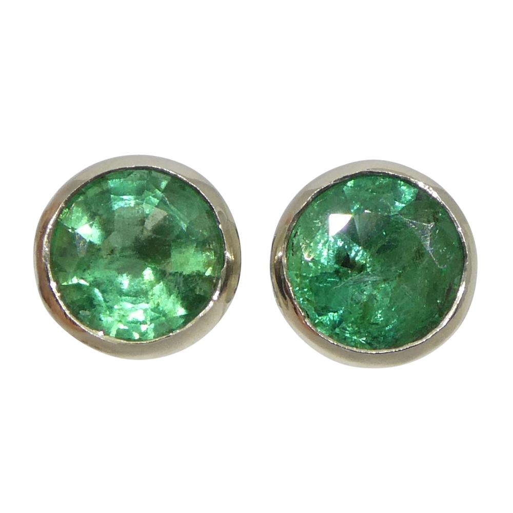 1.04ct Round Green Emerald Stud Earrings set in 14k White Gold For Sale 2