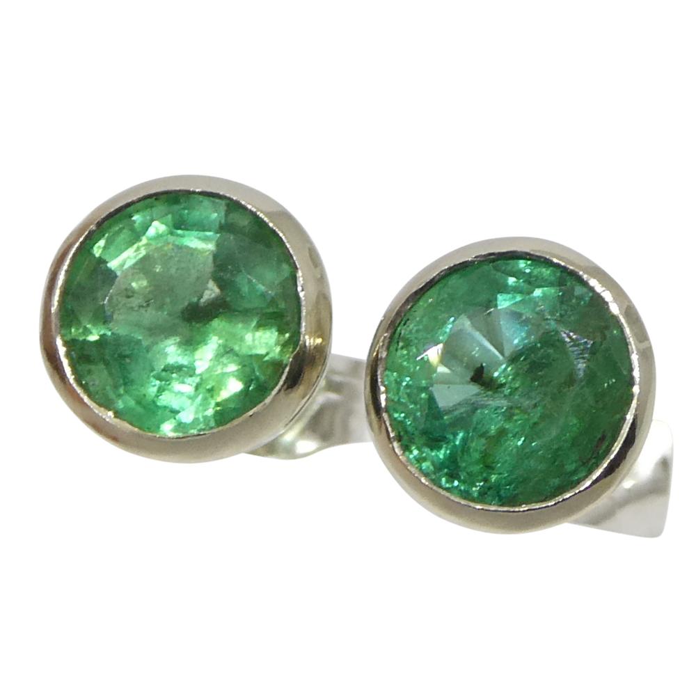 1.04ct Round Green Emerald Stud Earrings set in 14k White Gold For Sale 3