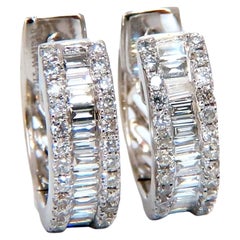1.04ct Round Natural Diamond Huggie Earrings 14kt Baguette Three Row