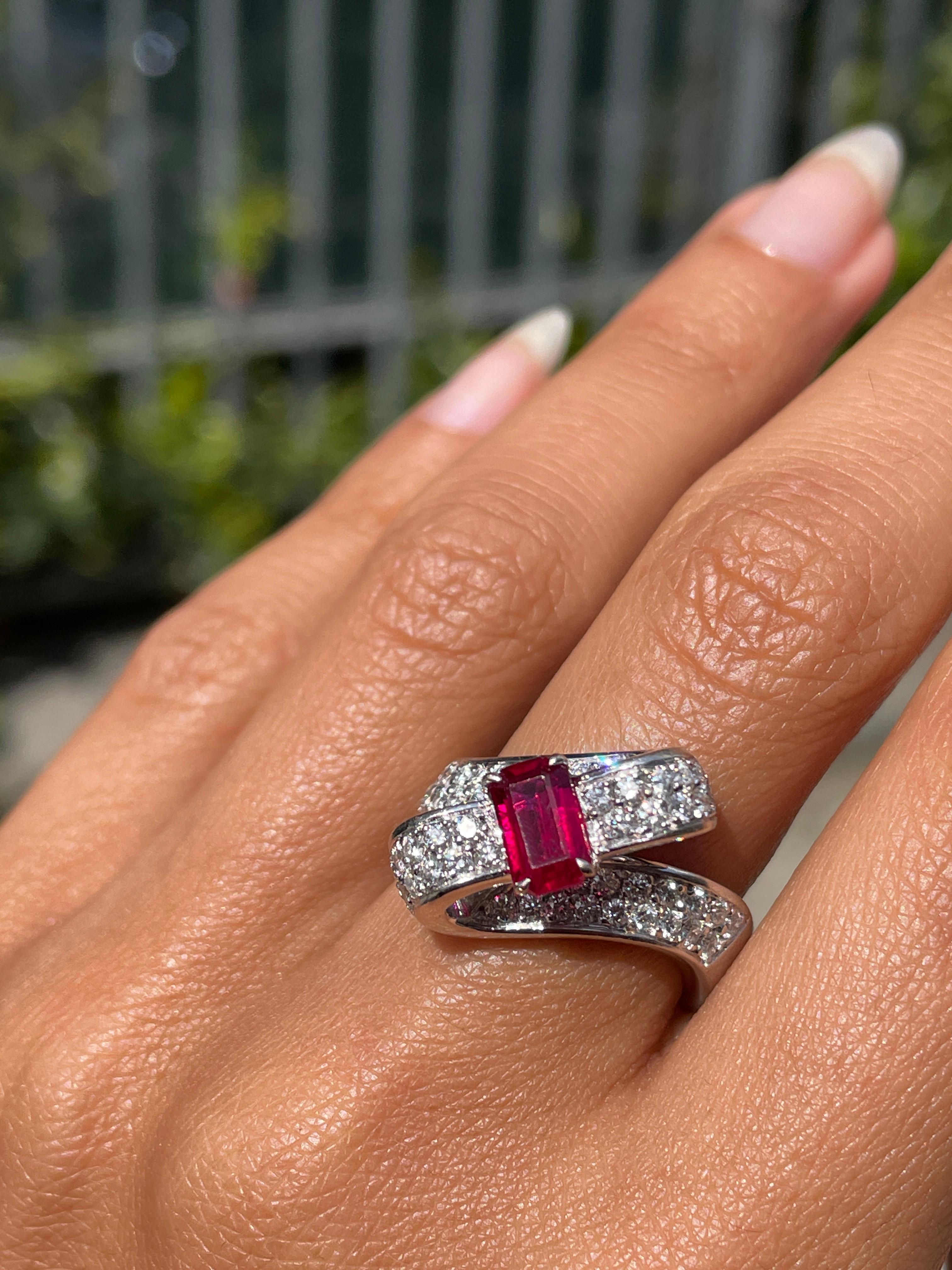 Emerald Cut 1.04ct Ruby and Diamond 18 Carat White Gold Twisted Dress Ring For Sale