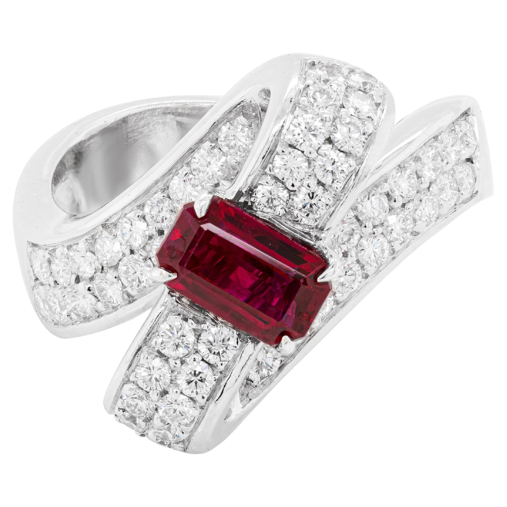 1.04ct Ruby and Diamond 18 Carat White Gold Twisted Dress Ring For Sale
