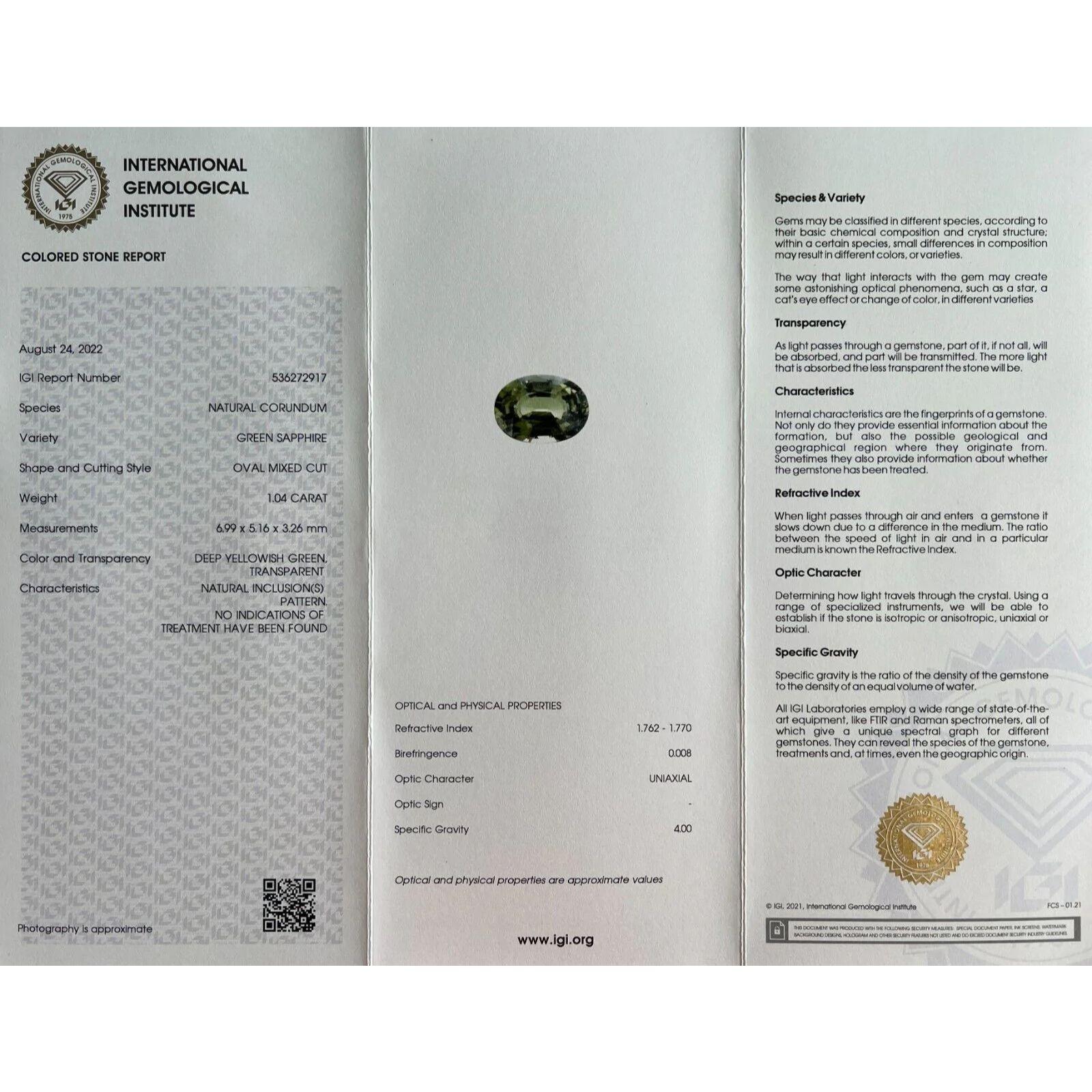 1.04ct Untreated Green Sapphire IGI Certified Unheated Oval Cut Rare Loose Gem For Sale 1