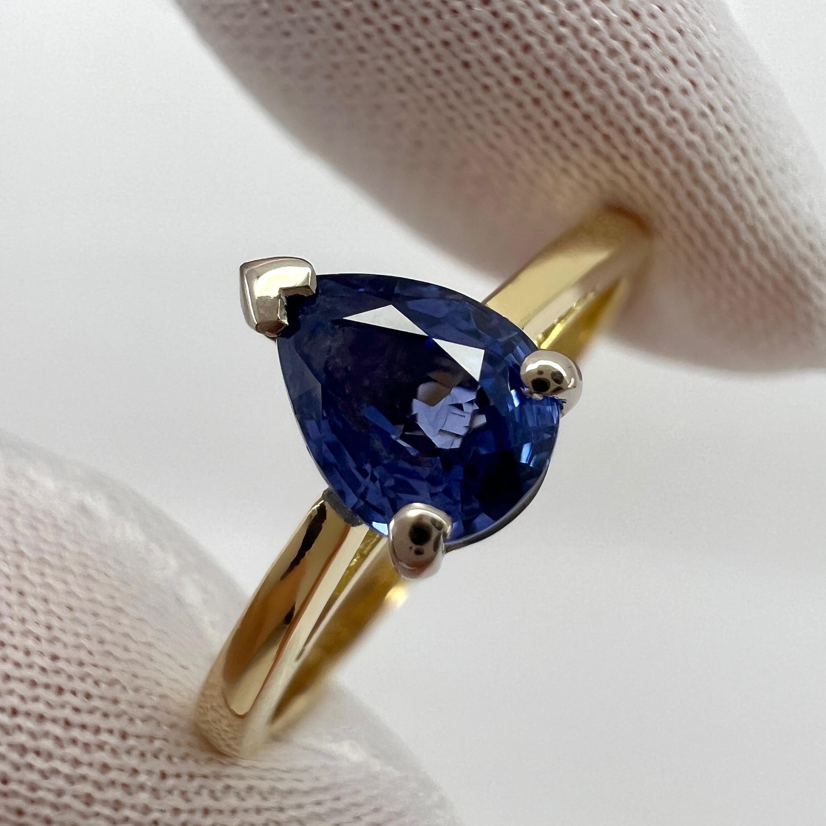 1.04ct Vivid Blue Ceylon Sapphire Pear Teardrop Cut 18k Gold Solitaire Ring For Sale 4