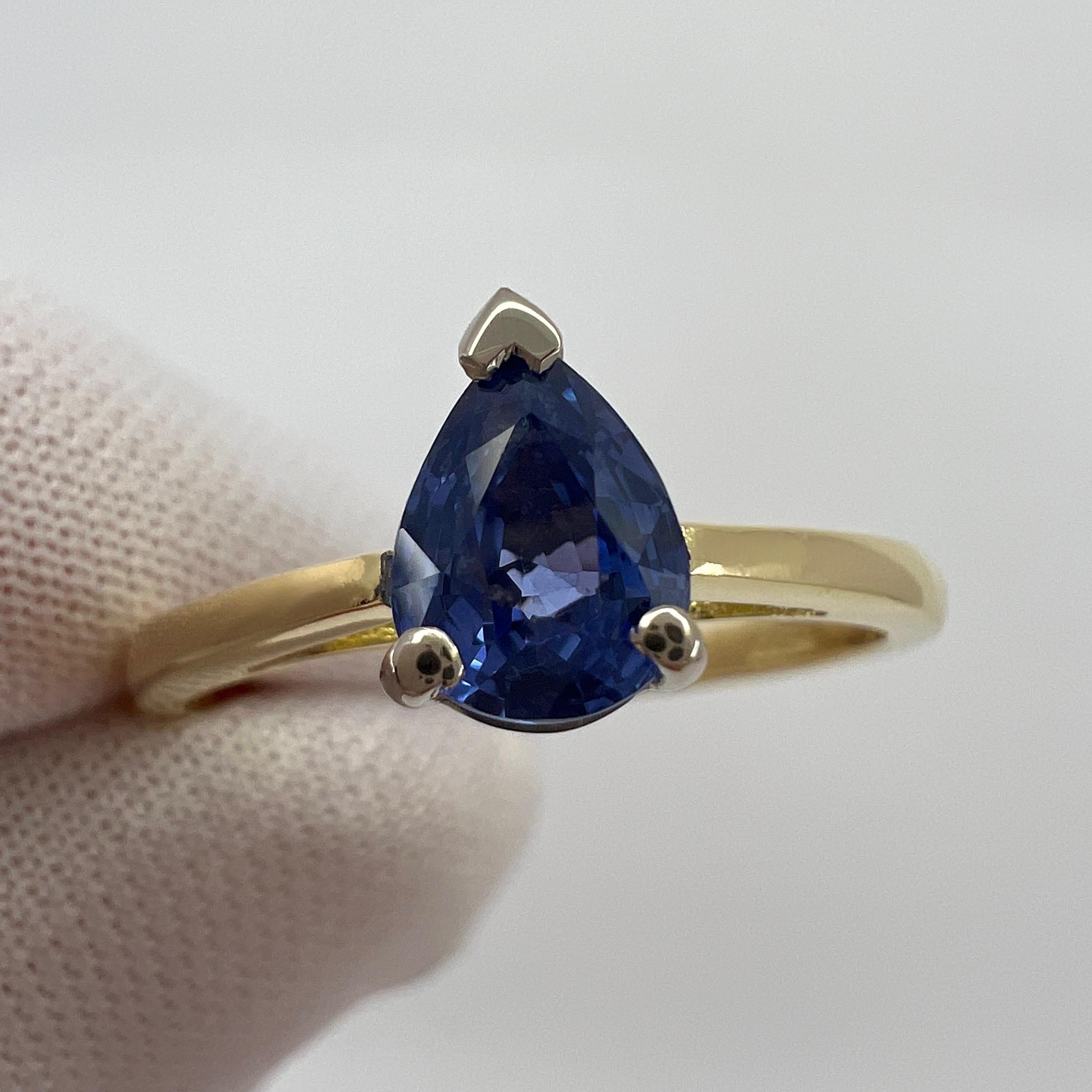 Pear Cut 1.04ct Vivid Blue Ceylon Sapphire Pear Teardrop Cut 18k Gold Solitaire Ring For Sale