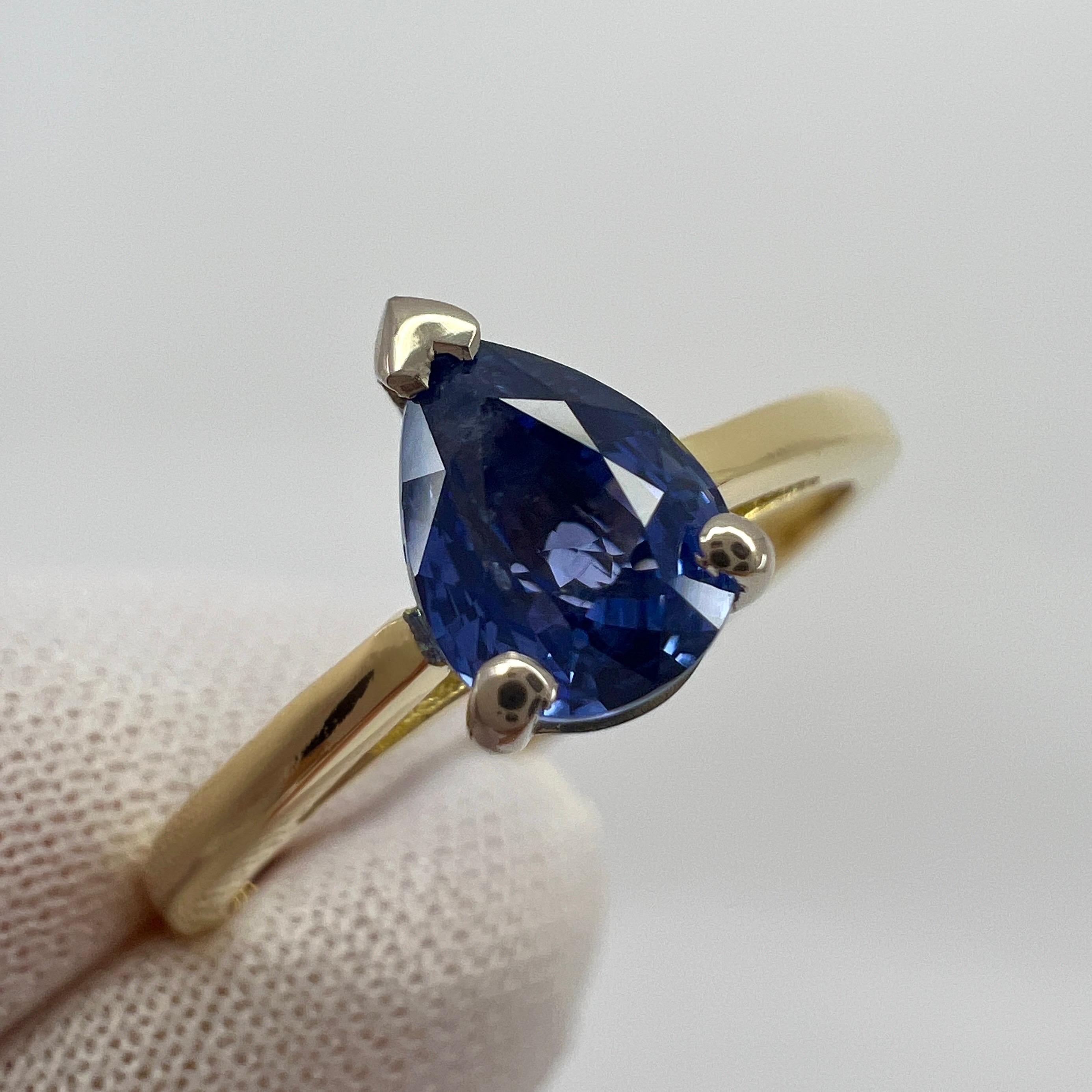 Women's 1.04ct Vivid Blue Ceylon Sapphire Pear Teardrop Cut 18k Gold Solitaire Ring For Sale