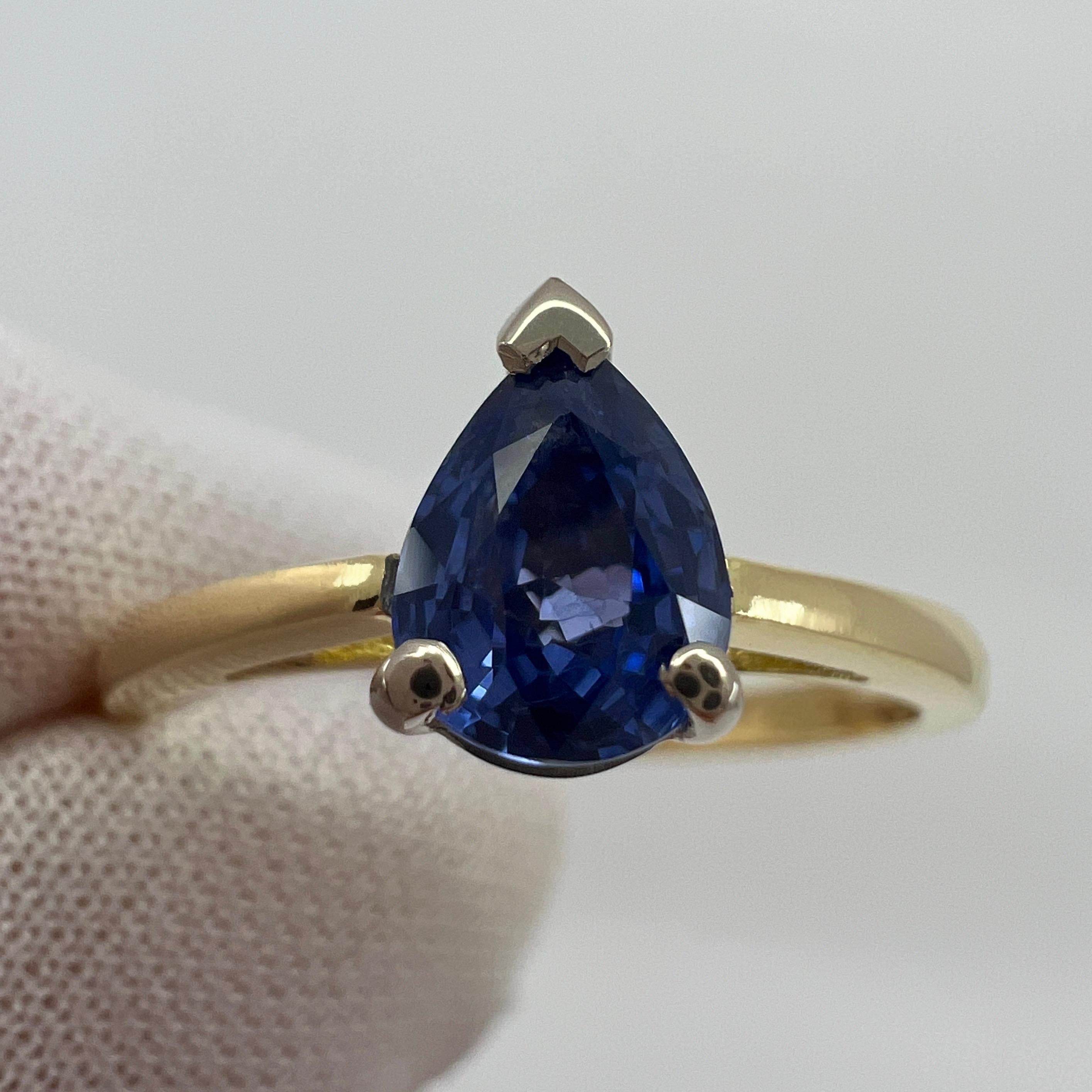 1.04ct Vivid Blue Ceylon Sapphire Pear Teardrop Cut 18k Gold Solitaire Ring For Sale 1