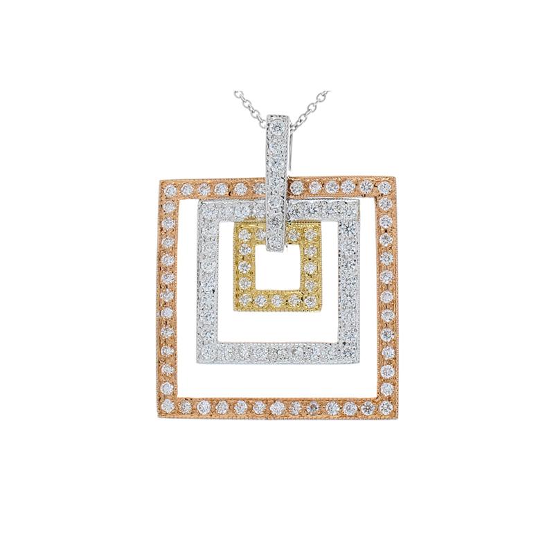 This is a pendant with a trio of color and a celebration of form. This beautiful concentric-design features 1.04 carats of brilliant diamonds that decorate the nested squares of this elegant pendant. An outer frame of 14k rose gold surrounds another