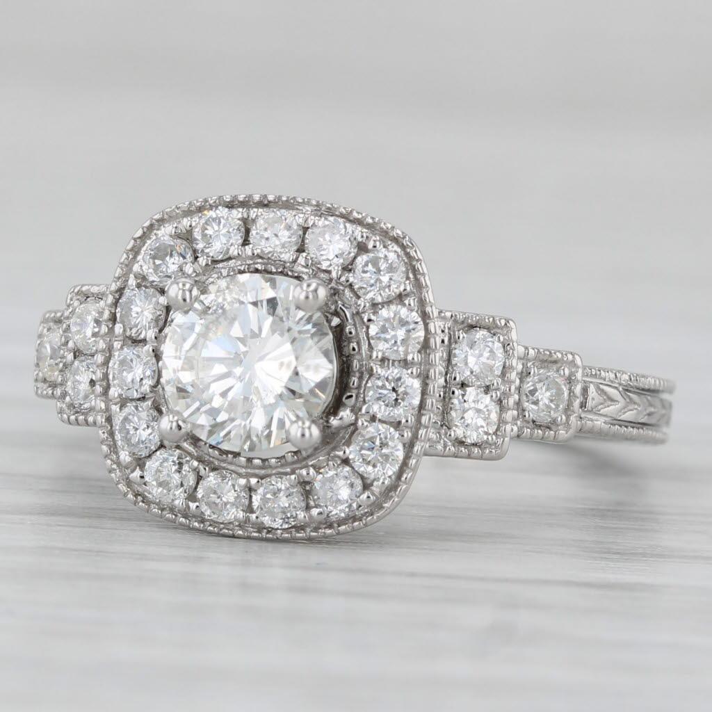 Anello aureolato con diamante rotondo da 1,04 carati in oro bianco 14k, misura 5