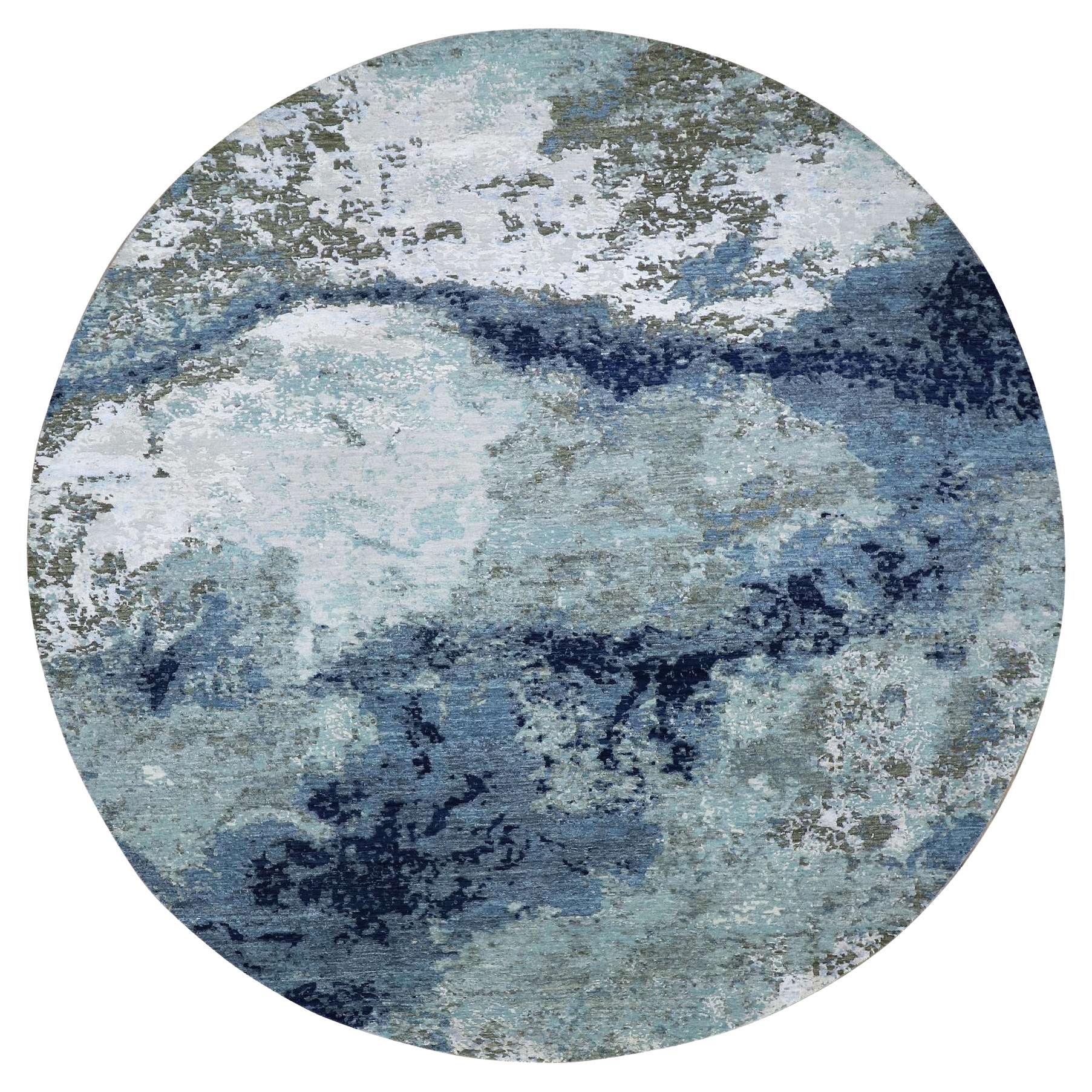 10'4"x10'4" Blue Abstract Design, Hand Knotted, Round Wool Oriental Rug