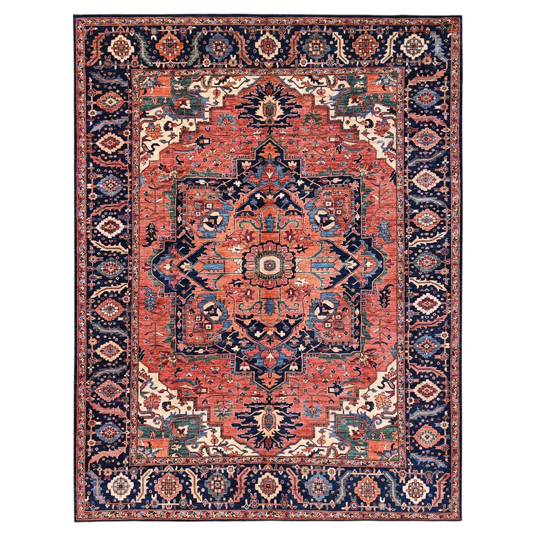 10'4"x13'9" Coral Red Serapi Heriz with Medallion Design Hand Knotted Wool Rug