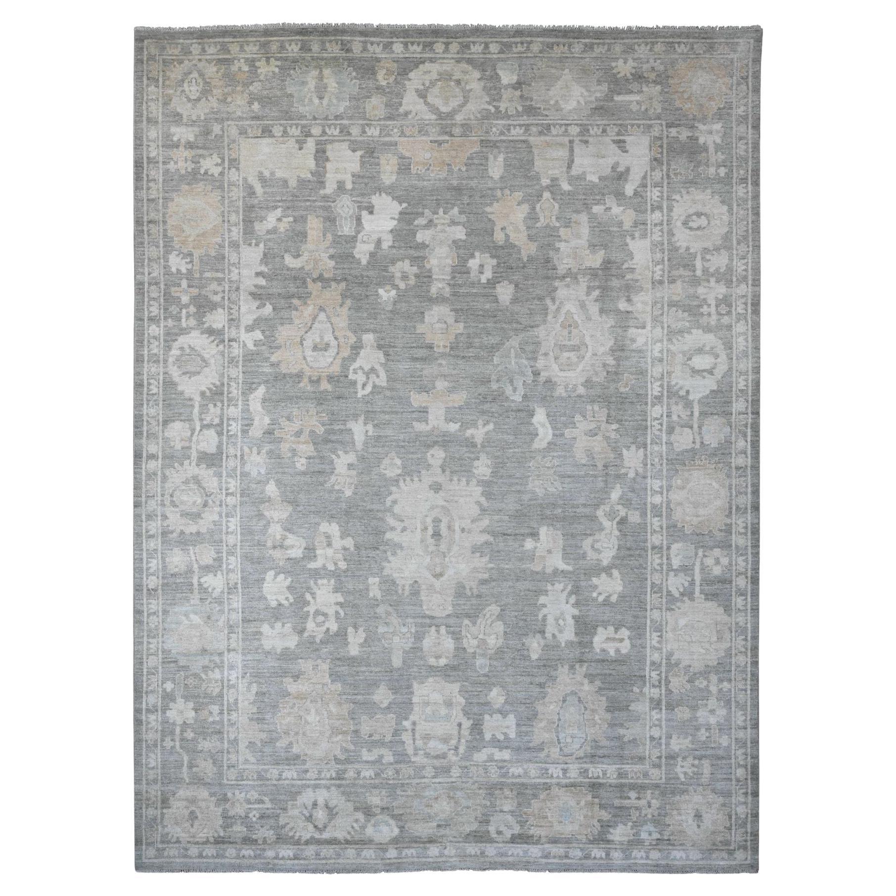 10'4"x13'9" Gray Afghan Angora Oushak with Leaf Design Hand Knotted All Wool Rug