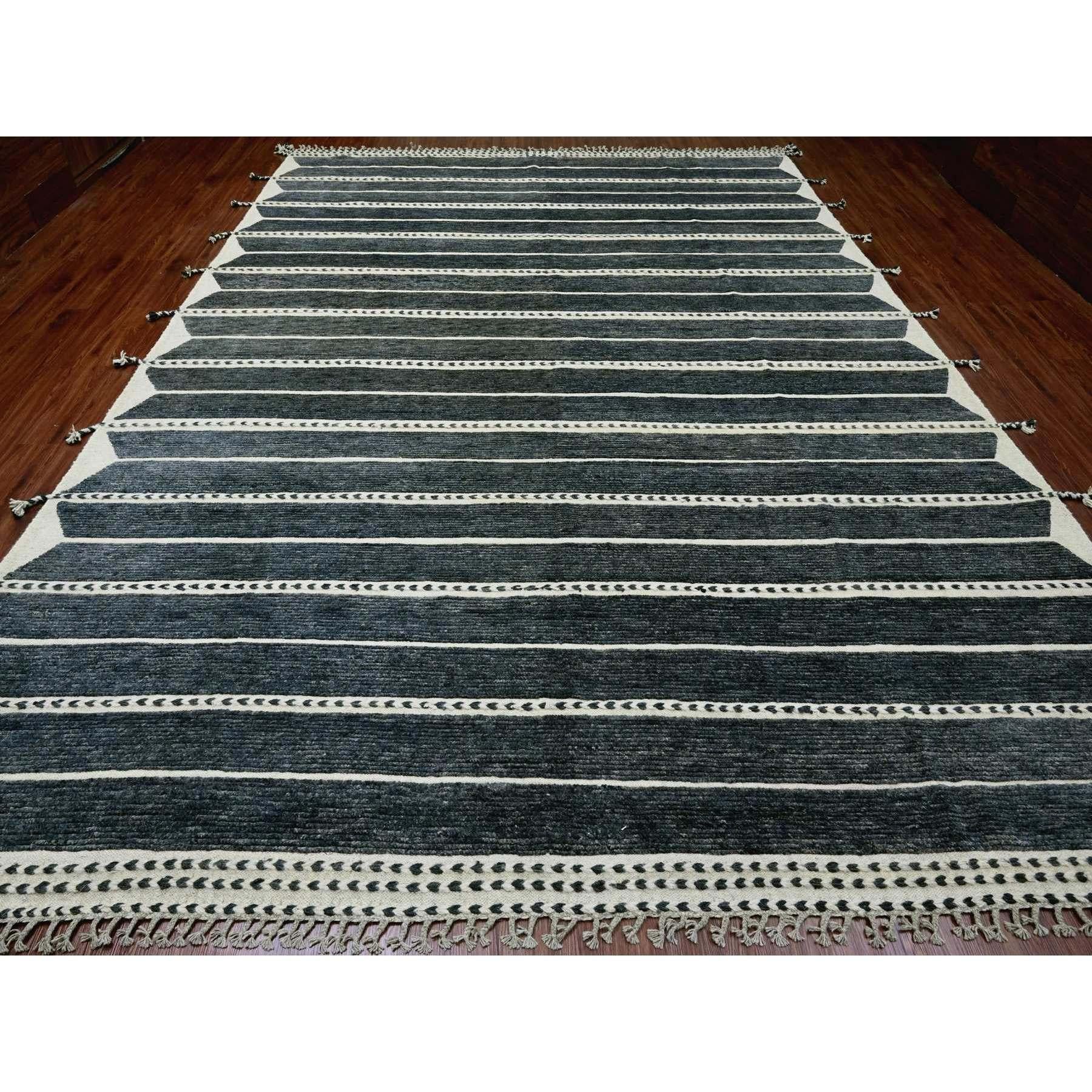 Charcoal Black, Moroccan Weave with Line Design, Soft Wool, Tone on Tone, Hand Knotted, Textured Pile, Oriental Rug
Primary materials: Wool
Latex: No Pile 
height: 0.25 Inches
Style: Traditional
Primary color: Black
Secondary colors: Ivory
Pattern: