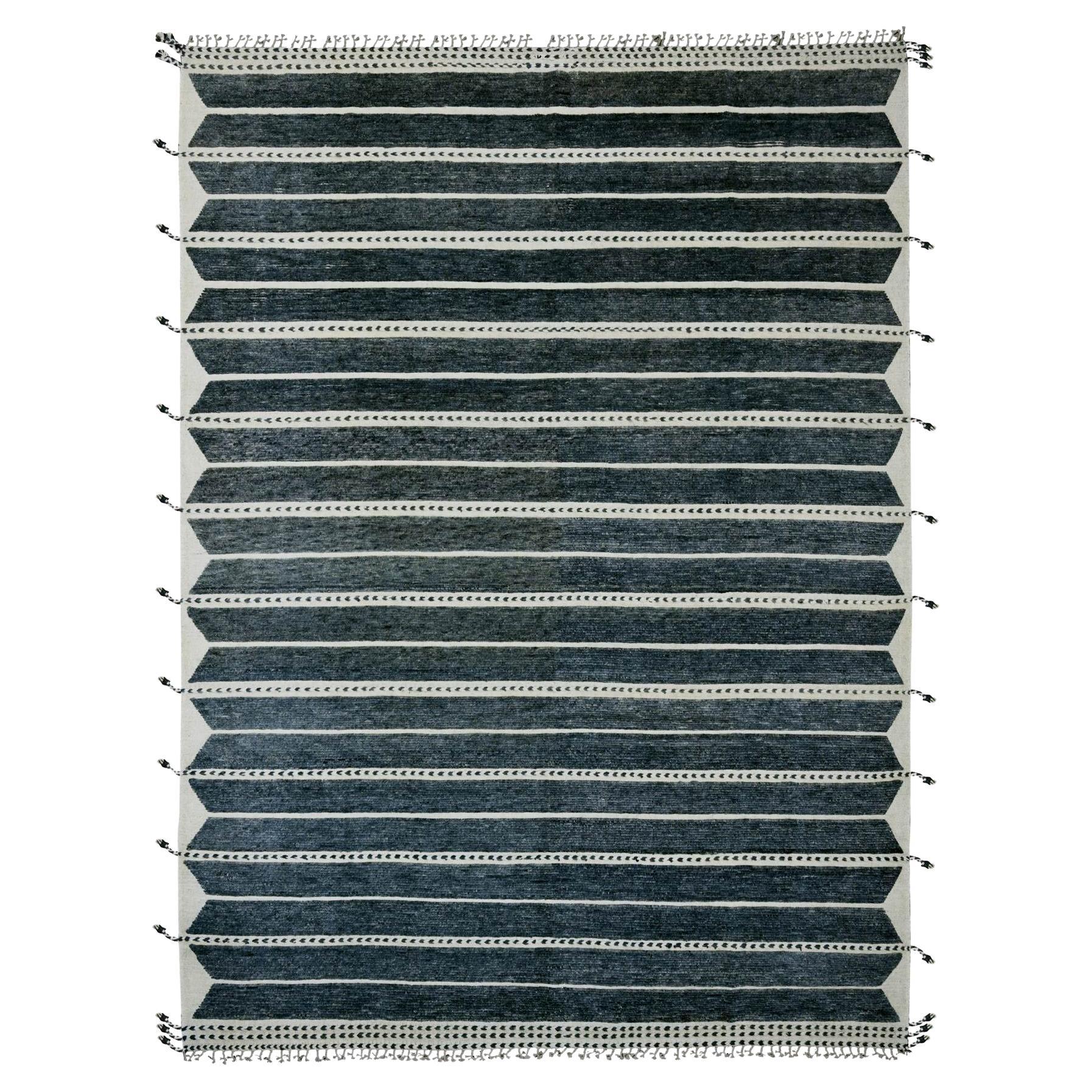 10'4"x14'2" Black Moroccan Weave Line Design Soft Wool Hand Knotted Oriental Rug