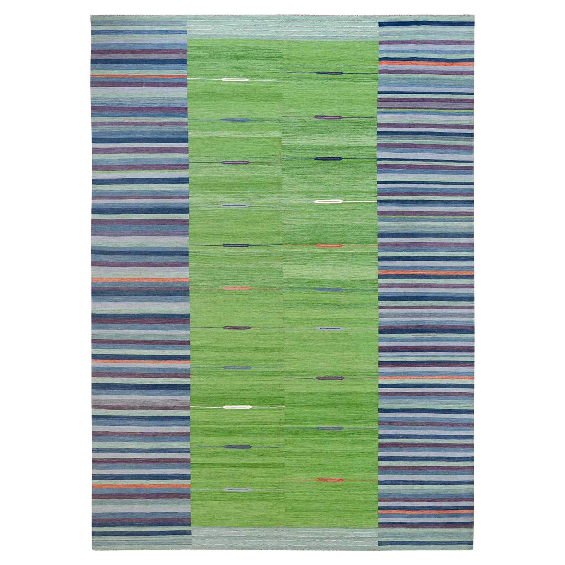 10'4"x14'2" Flat Weave Kilim Stripe Design Pure Wool Hand Woven Reversible Rug