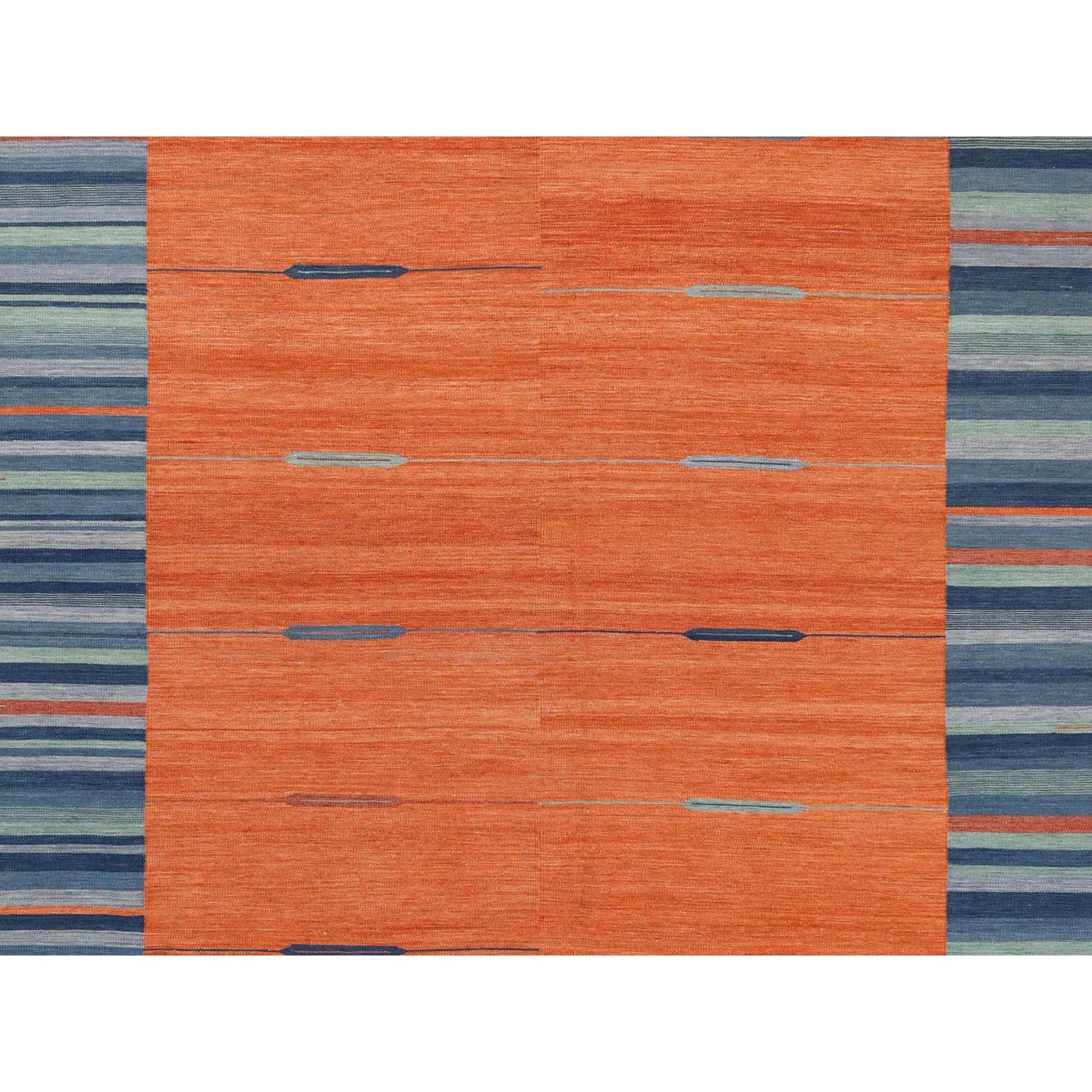 This is a truly genuine one-of-a-kind Sunburst And Stripes Design Flat Weave Kilim Natural Wool Reversible Hand Woven Oriental Rug. It has been Woven for months and months in the centuries-old weaving craftsmanship techniques by expert