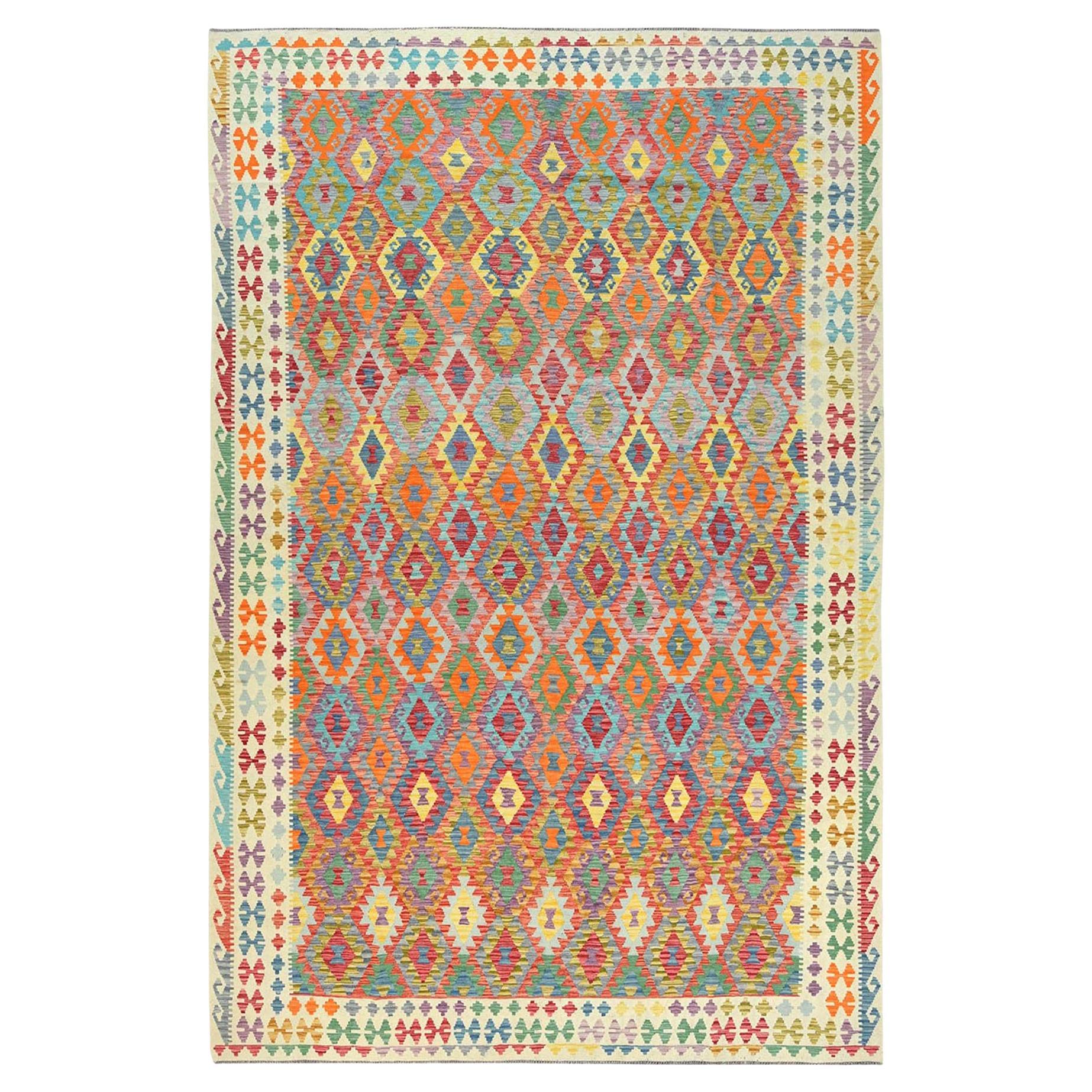 10
4 "x16
1" Bunte handgewebte afghanische Kilim Flachgewebe Bio-Wolle XL Teppich