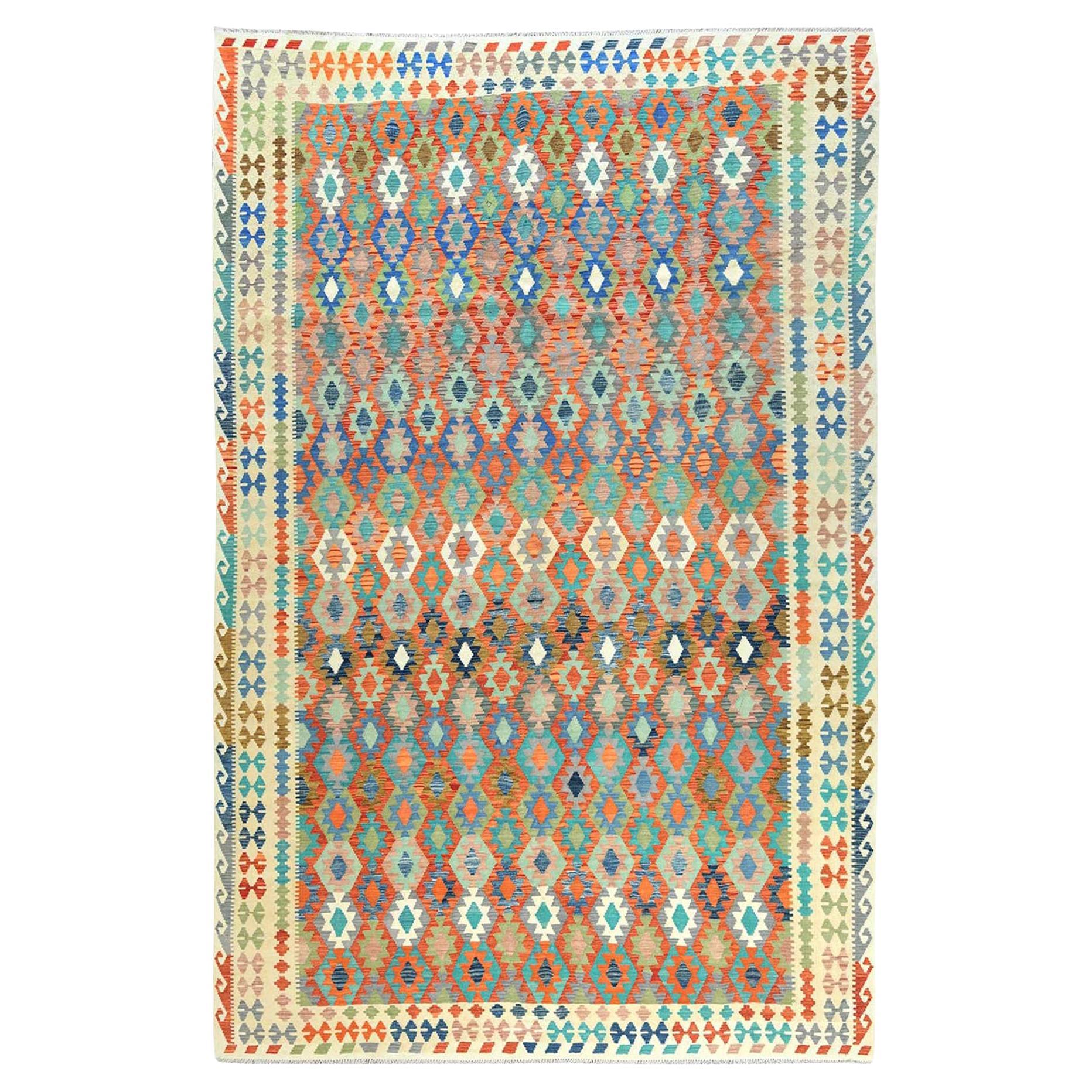 10'4 "x16'1" Colorful Hand Woven Afghan Kilim Organic Wool Oversized Rug