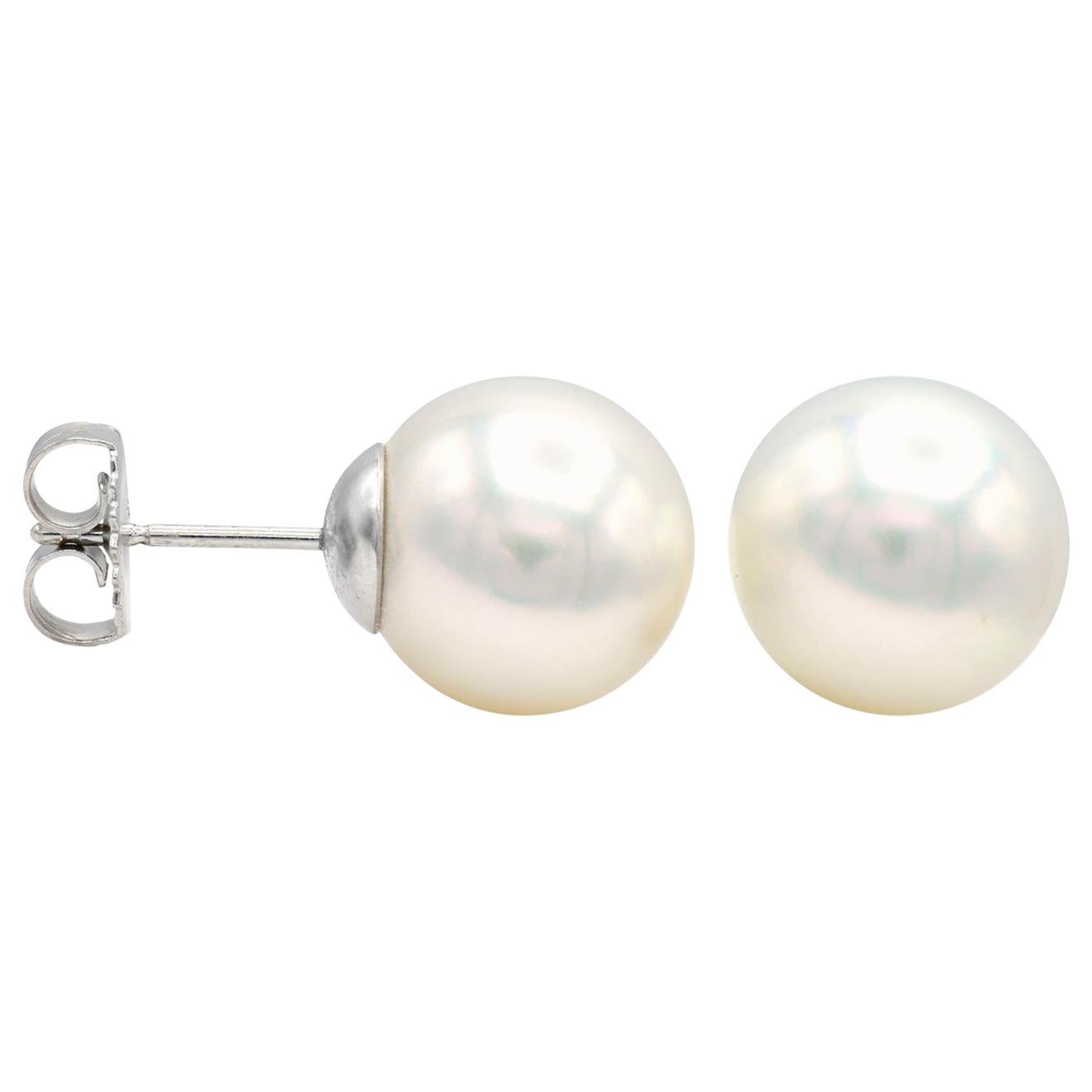 10.5-11mm South Sea Pearl Stud Earrings with 14 Karat White Gold Posts and Backs For Sale