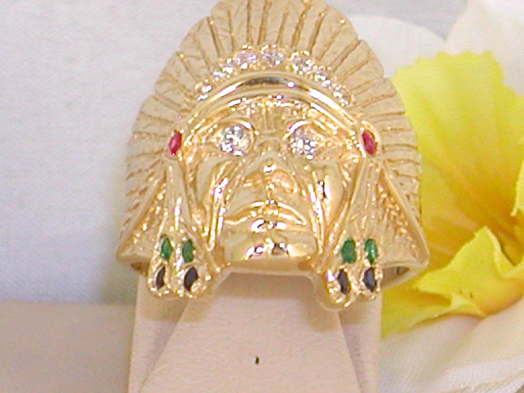 Gold: 18 Yellow gold 
Weight: 15.83 grams 
Diamonds: 0.55 ct. Colour: G  Clarity: VS2 
Emeralds: 0.20 ct.
Rubies: 0.10 ct.
Sapphires: 0.20 ct.
Ringsize:
We can resize the ring at no extra cost
Width: 2.60 cm. / 1.00 inch
Condition: Brand New 
All