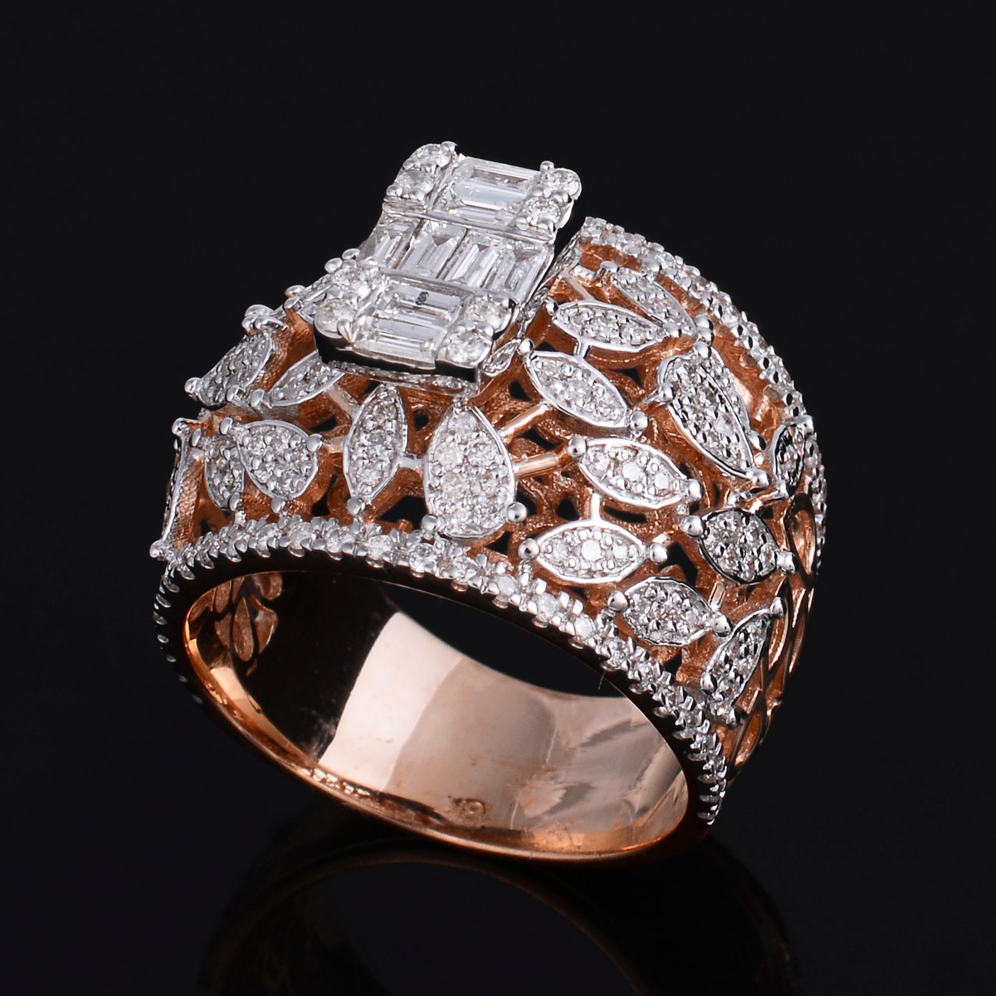 1.05 Carat Baguette Round Diamond Dome Ring 18 Karat Rose Gold Handmade Jewelry For Sale 1