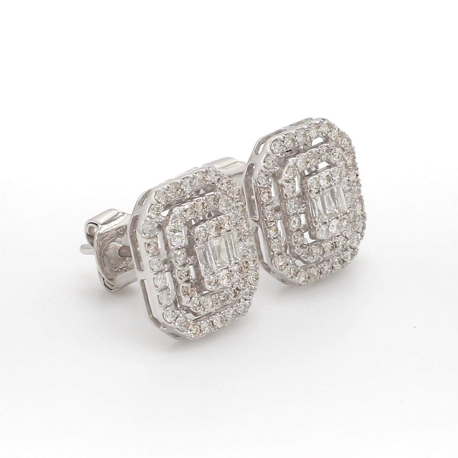 Modern 1.05 Carat Baguette Round Diamond Stud Earrings 18 Karat White Gold Fine Jewelry For Sale