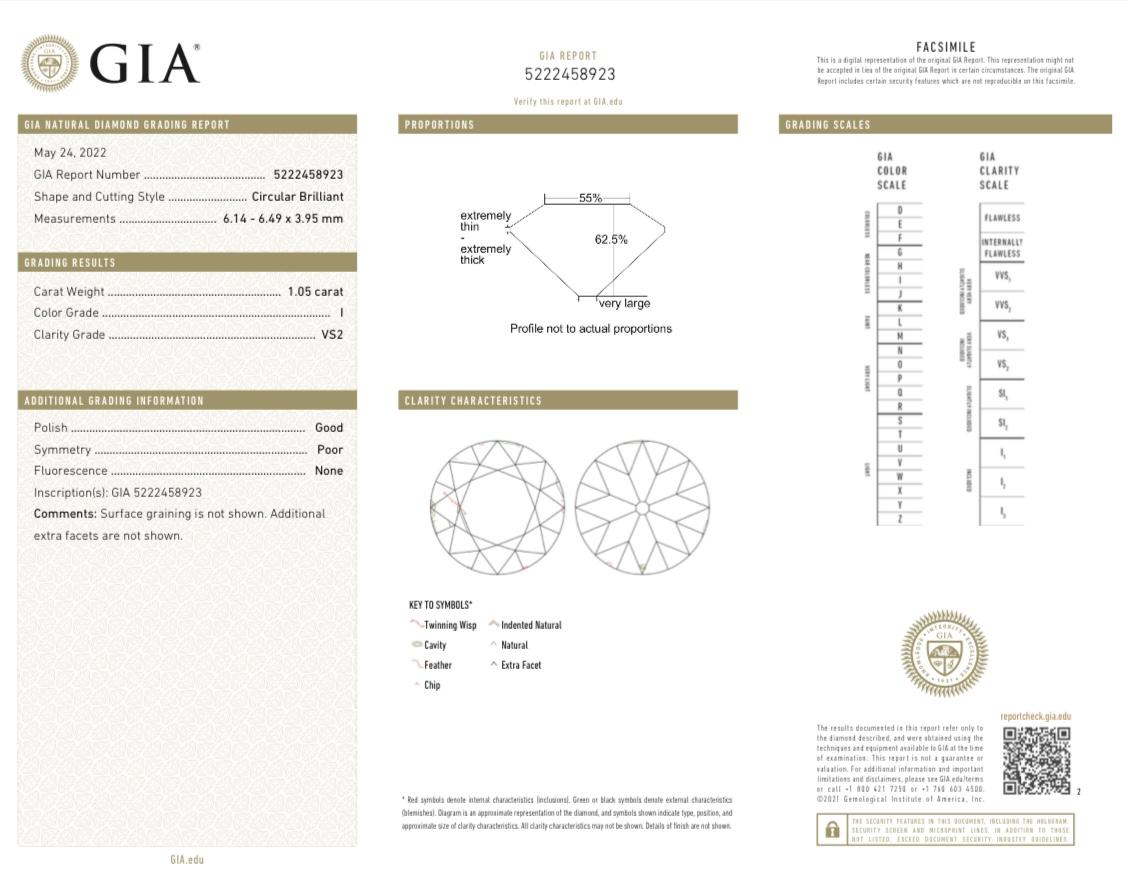 1,05 Karat runder Brillant GIA zertifiziert I Farbe VS2 Reinheit Diamant (Rundschliff) im Angebot