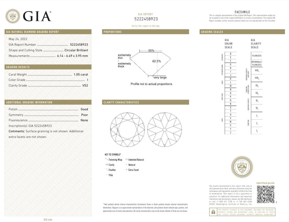 Diamante circolare a brillante da 1,05 carati certificato Gia, colore I, chiarezza Vs2 In condizioni buone in vendita a New York, NY
