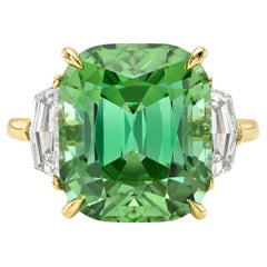 10.5 Carat Cushion-Cut Neon Mint Tourmaline and GIA Diamond 18K Gold Ring