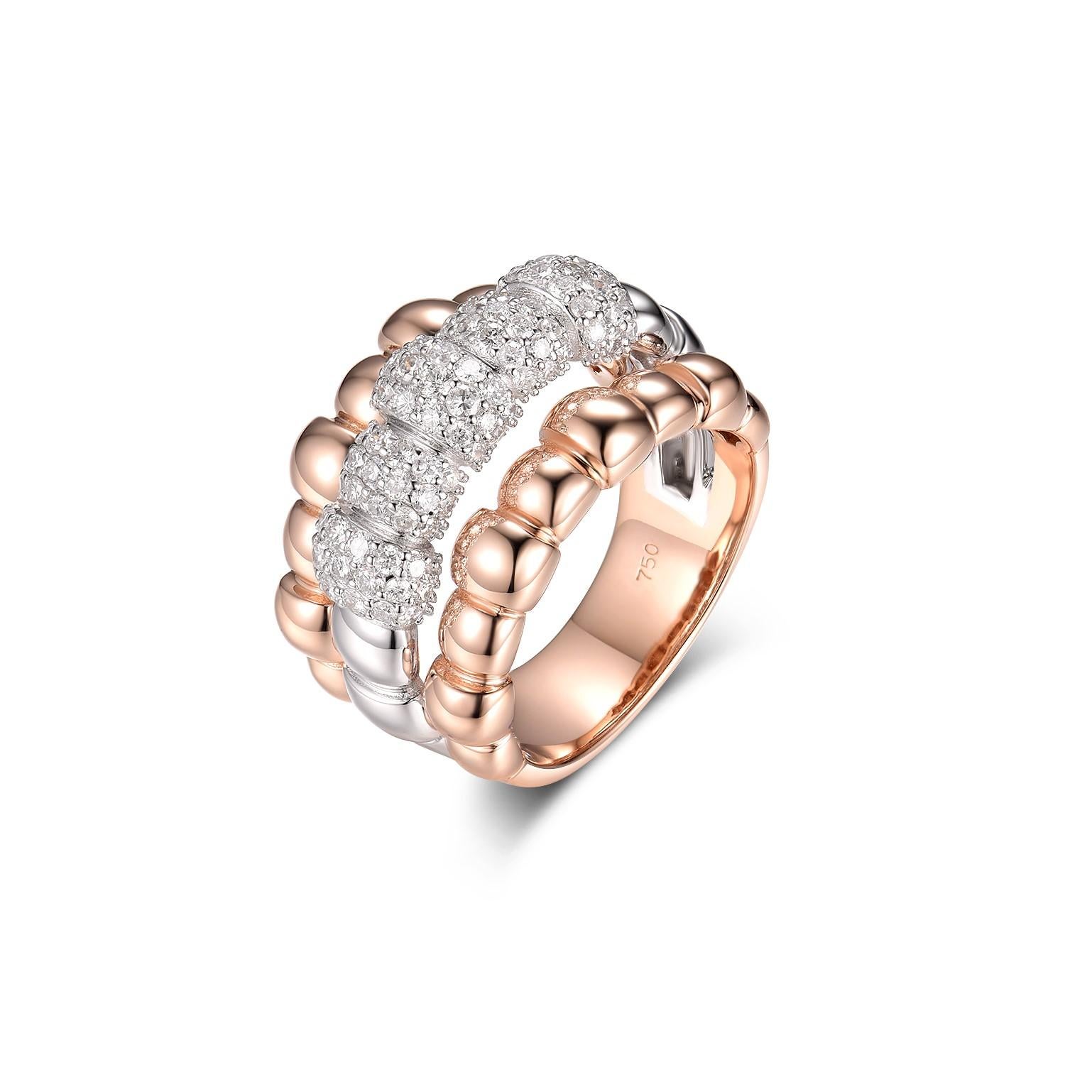 This luxurious ring is a symphony of style and sophistication, expertly crafted with alternating bands of rich 18K rose gold and gleaming 18K white gold. Encrusted with 1.05 carats of pave-set diamonds, the ring exudes a radiant sparkle from every