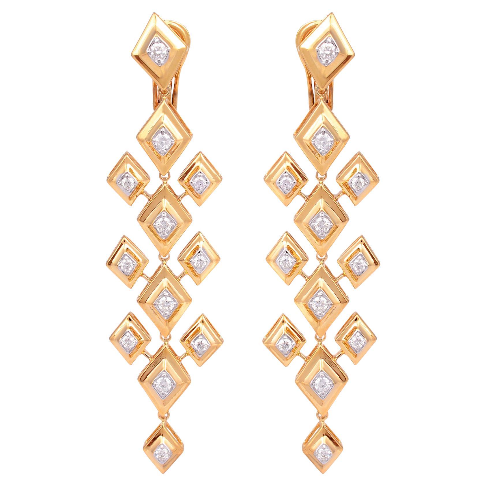 1.05 Carat Diamond Square Design Dangle Earrings 18 Karat Yellow Gold Jewelry For Sale